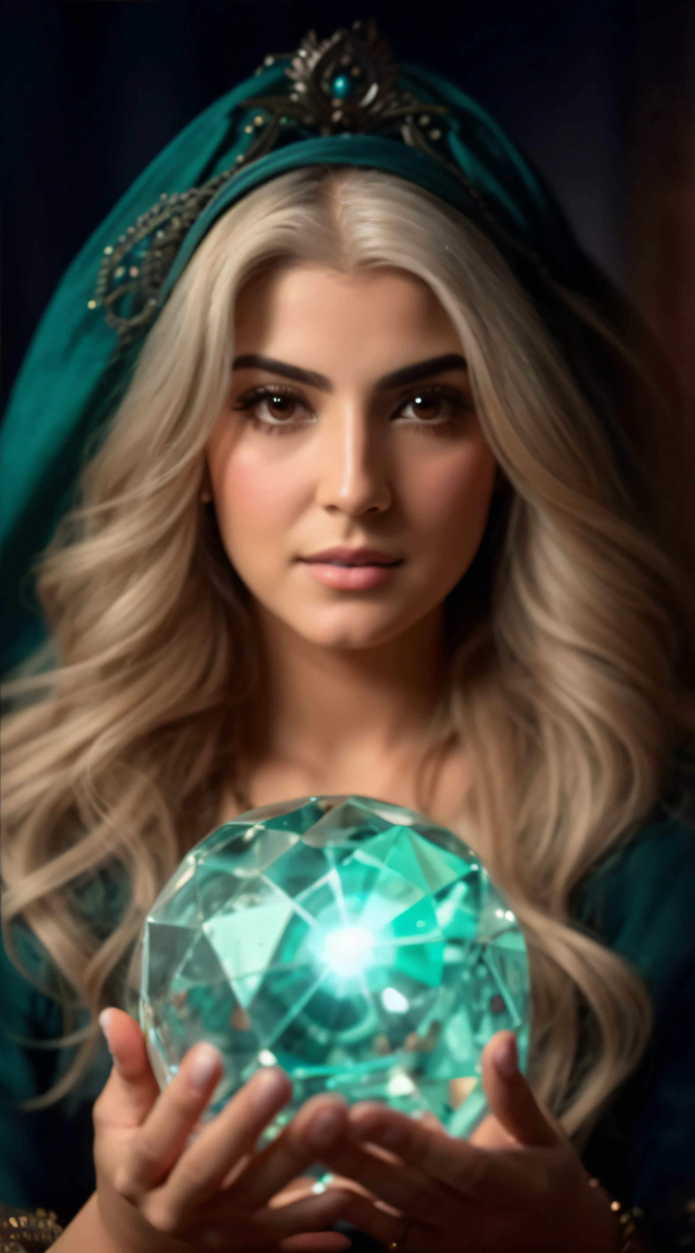 A closeup of a woman holding a crystal ball in her hands, Maya Ali como um D&d feiticeiro, Maya Ali como D&d feiticeiro, Retrato da feiticeira feminina, mago bonito, retrato de fantasia digital, retrato closeup de um mago, mago feminino bonito, uma mulher segurando um orbe, Retrato de uma feiticeira