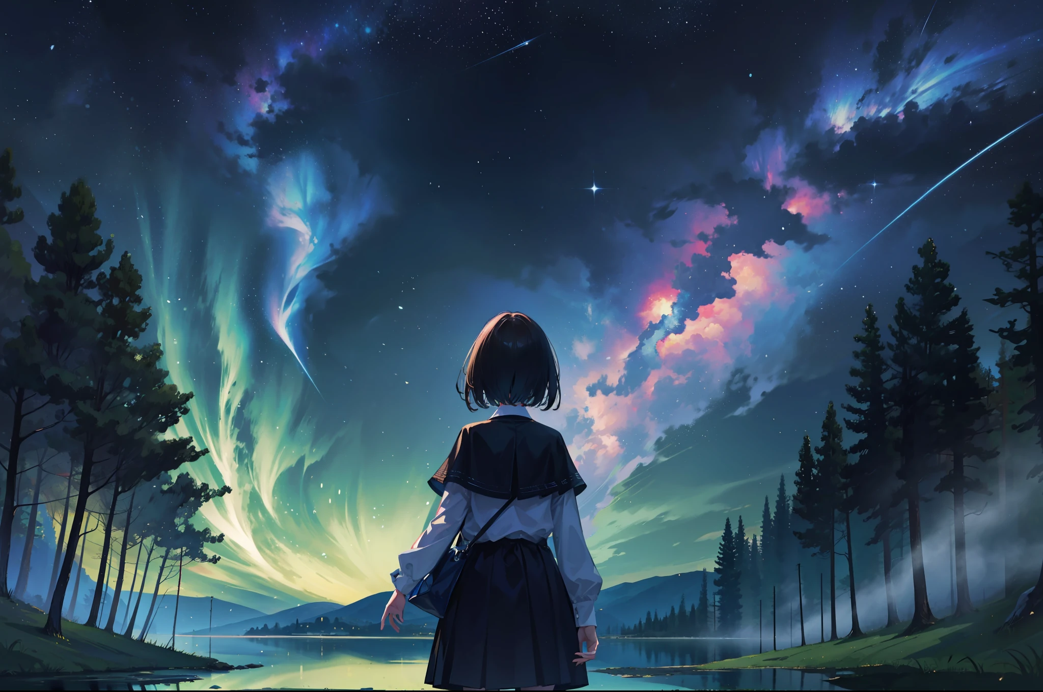 8K, Super detail, ccurate, Best quality, Masterpiece, Super detail, High details, High quality, Best quality, A high resolution,The composition of the characters is small,1girll,facing away from the audience,Girl gazing at stars by lake,ln the forest,inverted image,meteor shower