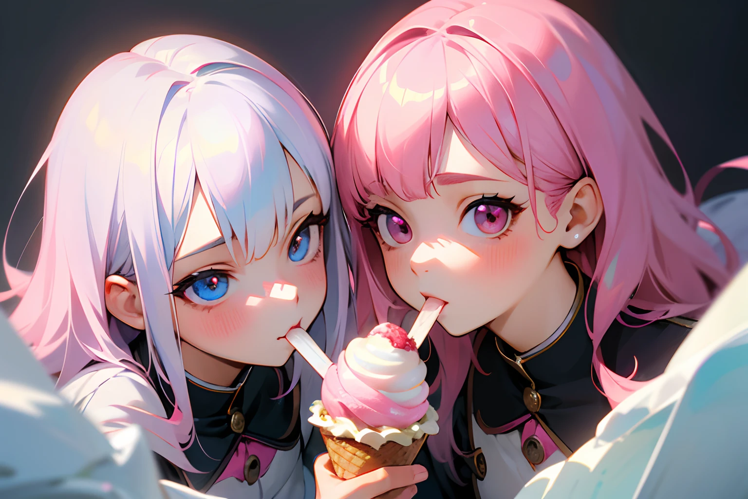 A high resolution,ultra - detailed,offcial art,Beauty and aesthetics,tmasterpiece,best qualtiy,The is very detailed,Variegated,Most details、Shining eyes、Detailed eyes、face perfect、mistic、National uniform、Two girls licking the same ice cream together、A girl with pink hair and a girl with white hair、Red blush