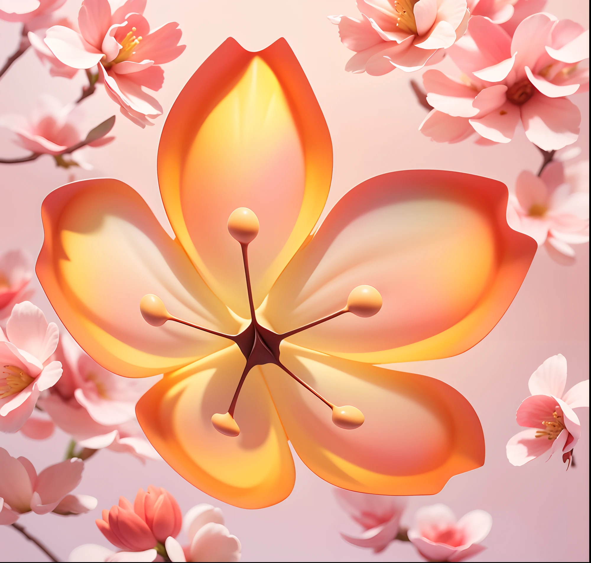 (Masterpiece),(Best quality),(Ultra detailed), Masterpiece, High quality, Best quality, 3Drenderingof, 1 peach blossom，petals，solid，Pink big breasts，Yellow stamen，