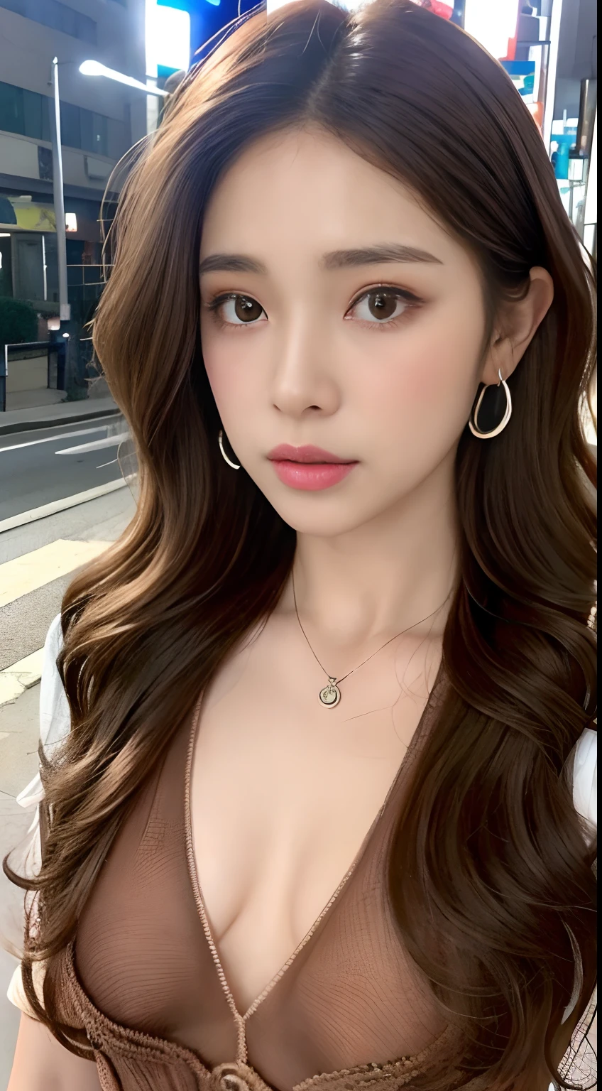 ((Realistic lighting, Best quality, 8K, Masterpiece:1.3)), Focus:1.2, 1girl, Perfect Figure:1.4, slender body:1.1, (brown hair:1.3), (sexy dress: 1.4), (Outdoor:1.0), (Night: 1.1), City streets, Super fine face, Fine eyes, Double eyelids, Legs,(beautiful small nipple head:1.4),necklace,earrings,(wavy hair:1.3),