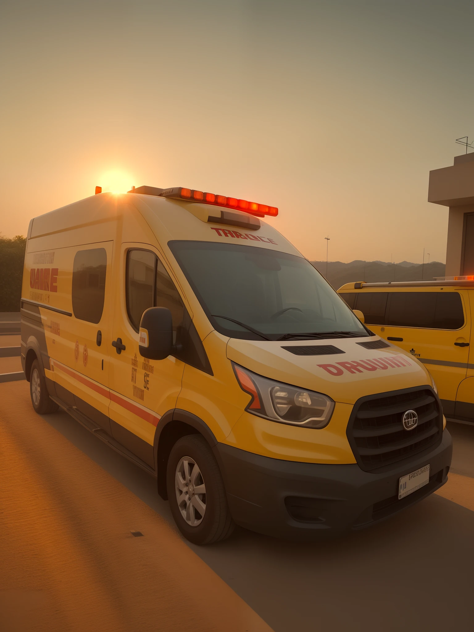 There is a red and yellow ambulance parked in a lot, testa cheia, testa, 3/4 vista frontal, Dispositivo completo, Completo - Vista, Directed by: Karl Völker, vista frontal lateral, bottom angle, frontal angle, ambulance, Directed by: Robert Zünd, Vista lateral, lado - vista, Directed by: Josef Dande, tiro de corpo inteiro