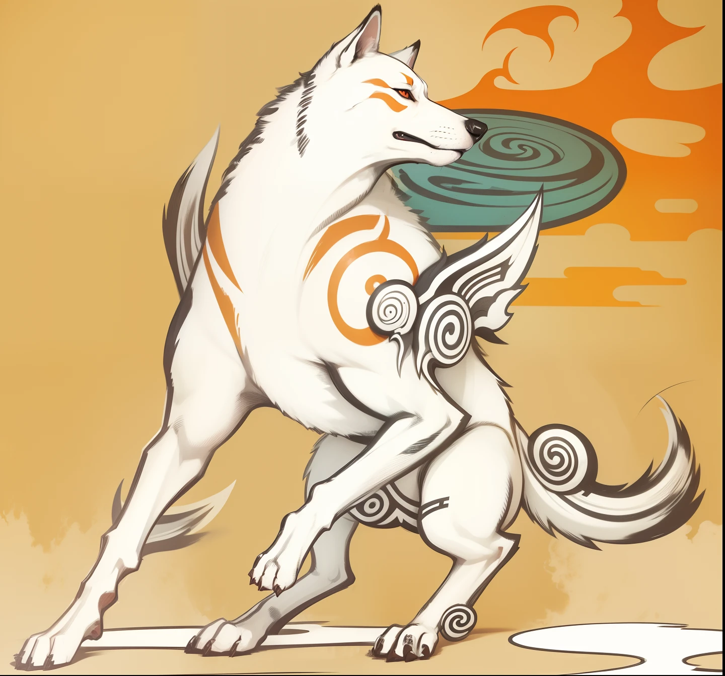 Lobo branco cachorro, animal, albino, pintura tribal vermelha ao redor dos olhos face cachorro lobo animal, pintura tribal vermelha peito lobo branco cachorro animal, escudo oriental de pedra redondo flamejante em suas costas, segurando uma espada na boca, okami, lobo branco, estilo oriental,