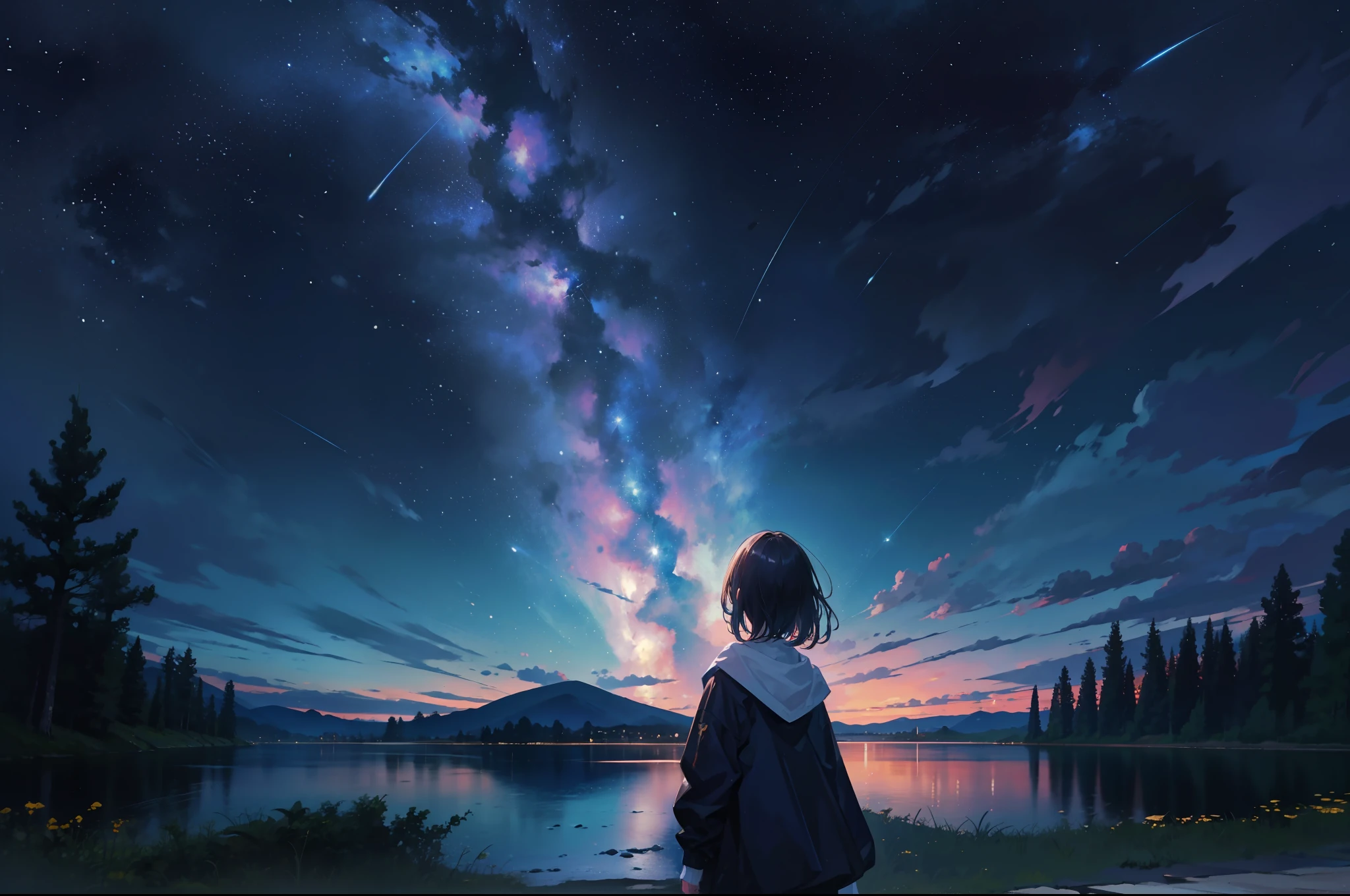 High resolution 8K, NSFW, Bright light illumination, octans, sky, star (sky), scenery, starry sky, night, 1girl, night sky, solo, outdoors, signature, building, cloud, milky way, sitting, tree, long hair, city, silhouette, cityscape, Short bob hair, Black hair