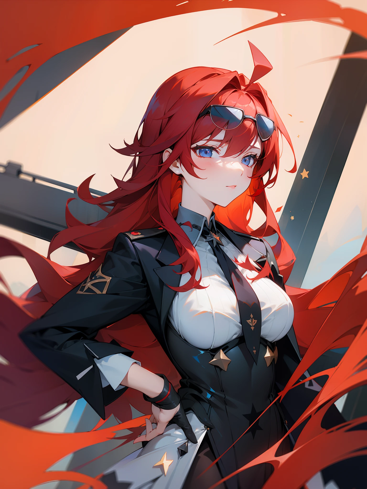 (masterpiece), 1girl, kafka, honkai star rail, breasts, suit, uniform, sunglasses, red hair.