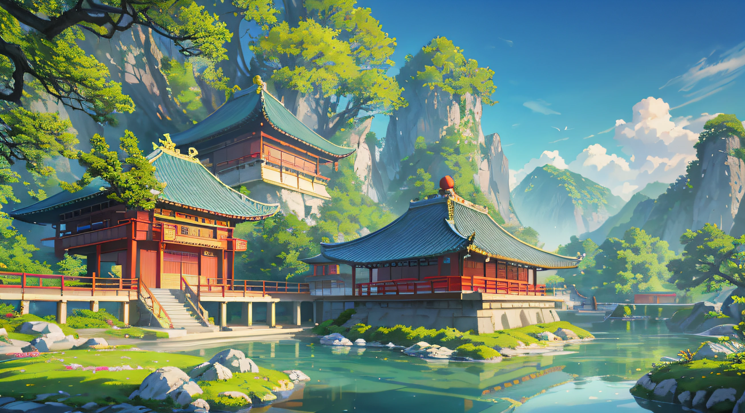 Chinese ancient times, dreamy Chinese town, sky city, Ancient city, spring, cloud, jungle, lake, cave, waterfall, tree, meadow, rock, deer, hot spring, water vapor, (illustration: 1.0), epic composition, realistic lighting, HD details, masterpiece, best quality, (very detailed CG unified 8k wallpaper)