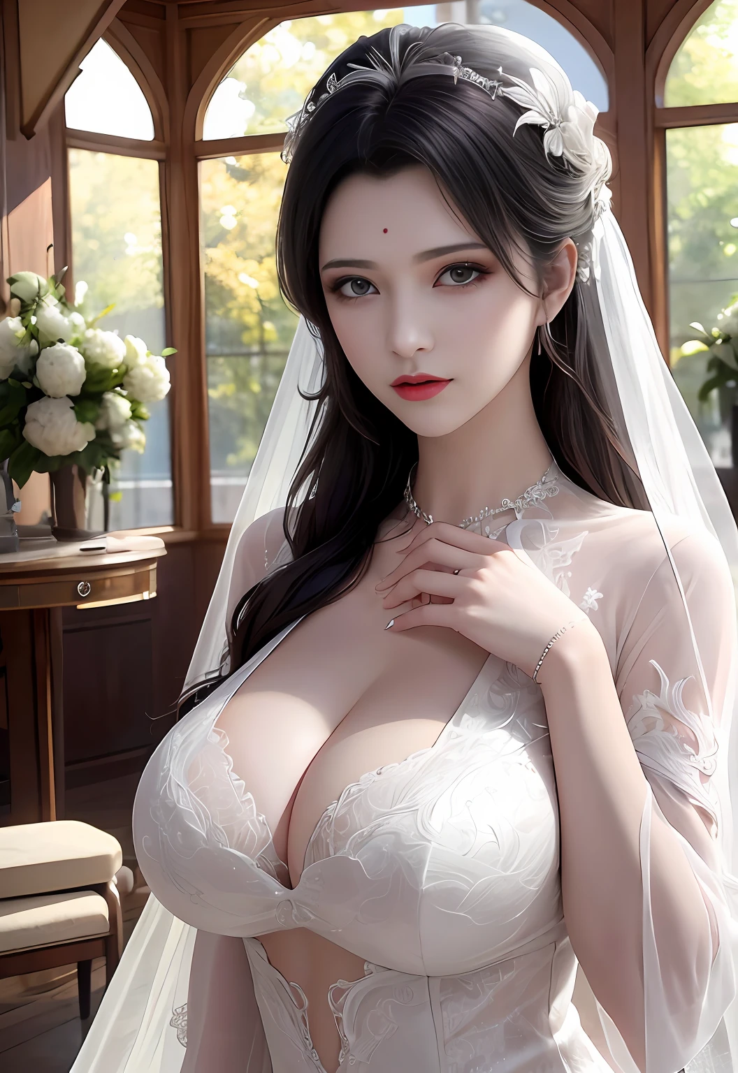 huge tit，Sheer tulle sheer wedding dress。