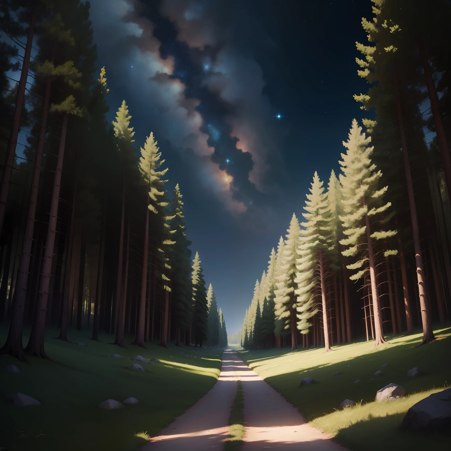 Ideal,tmasterpiece,A high resolution,best qualityer,hyper HD,super detailing,starrysky,zori,A plausible path leading into the distance,empty of people,grass field,ln the forest,As estrelas