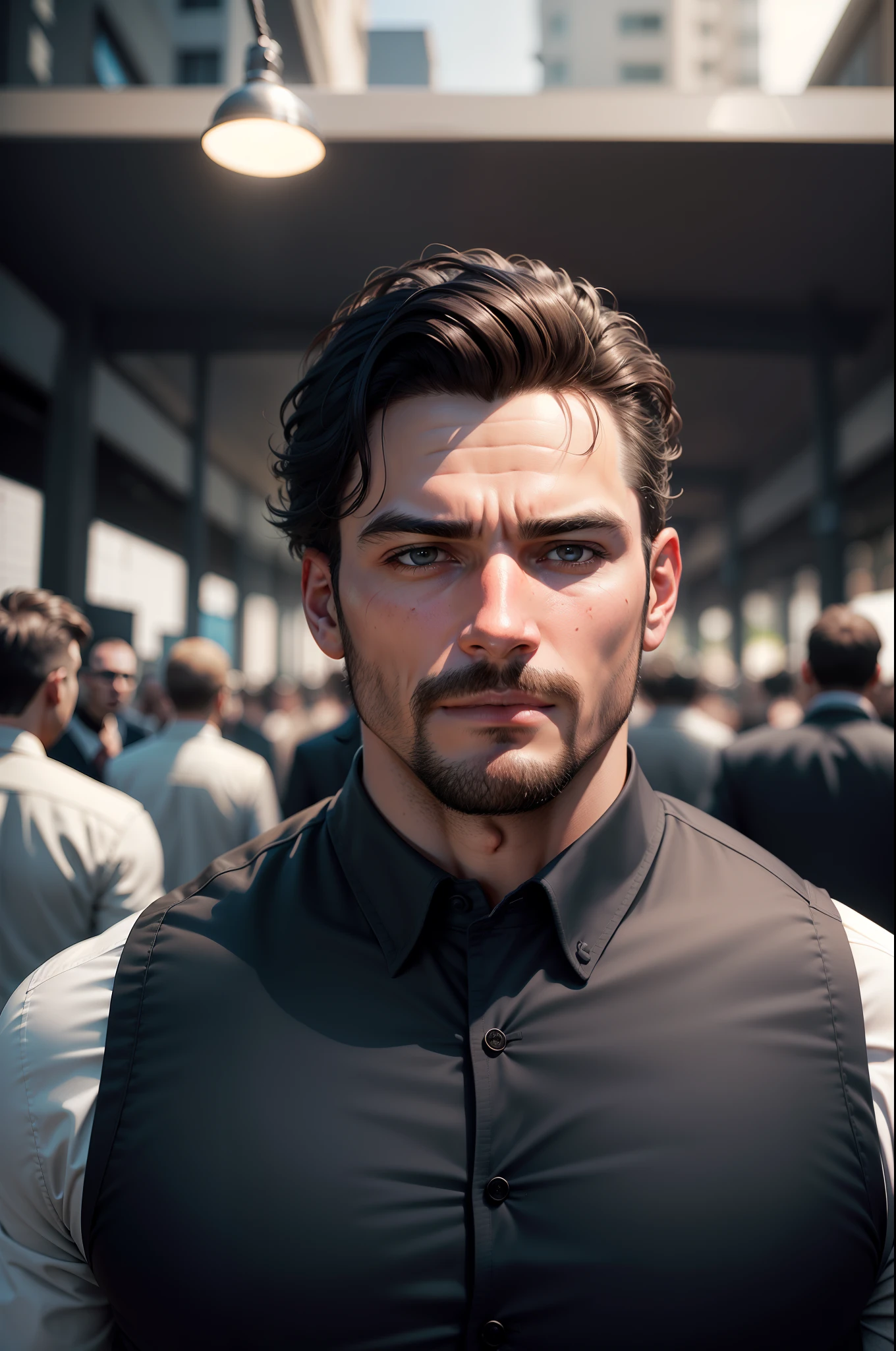 There's a businessman standing in front of a group of men gathered and watching, macho atraente, beautiful symmetrical faces, macho atraente, modelo masculino, humano/Hybrid tank, Precise symmetric human characteristics, Homem se destaca na foto, multiple faces, Realistic hybrid body and body, the perfect human male specimen, homem bonito, no distortion on subject faces, Macho bonito. Foto realista, Ultra realista,realista, Foto realista, foto de cinema, Ultra realista, 1 pessoa, detalhado, perfect lighting, DSRL, foto profissional, 4k , Produce an ultra-realistic image that looks like a photograph taken with a high-resolution camera. A cena retratada deve conter detalhes intricados que se assemelhem a uma foto real, with nuances of lighting, shadows and textures practically indistinguishable from a true photograph.