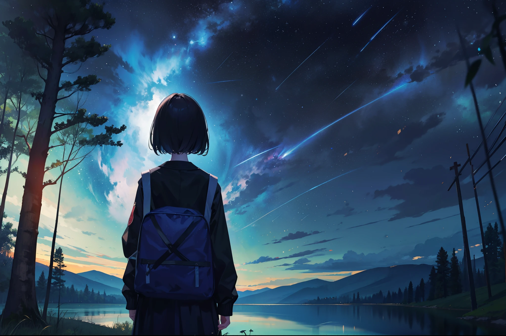 8K, Super detail, ccurate, Best quality, Masterpiece, Super detail, High details, High quality, Best quality, A high resolution，The composition of the characters is small，1girll，facing away from the audience，Girl gazing at stars by lake，ln the forest，inverted image，meteor shower