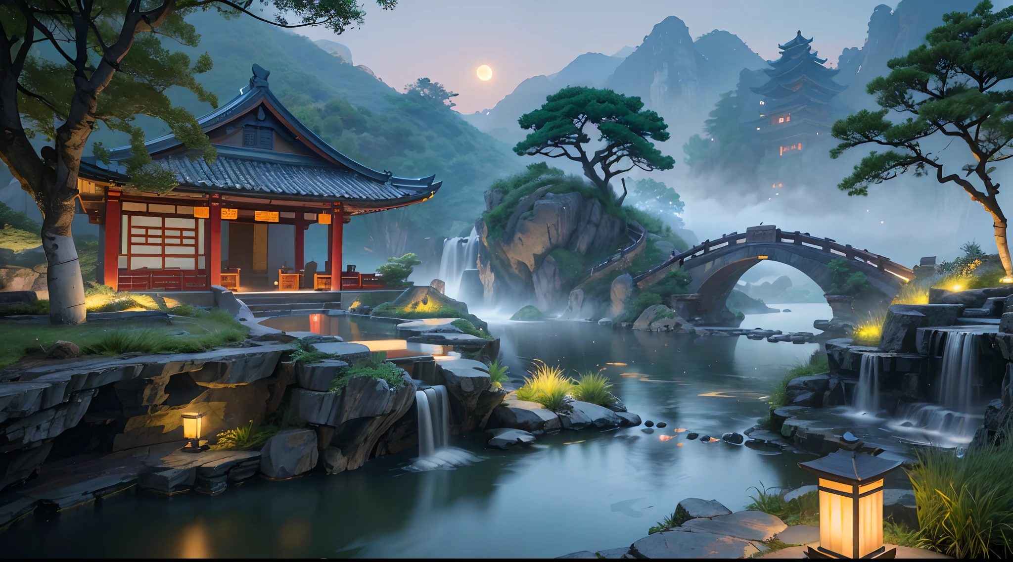 Ancient Chinese architecture, cool colors, dark night, moon, garden, bamboo, lake, stone bridge, rockery, arch, corner, tree, running water, landscape, outdoor, waterfall, grass, rock, dense fog, (Illustration: 1.0) , Epic Composition, HD Details, Masterpiece, Best Quality, (Very Detailed CG Unity 8k Wallpapers) --v 6