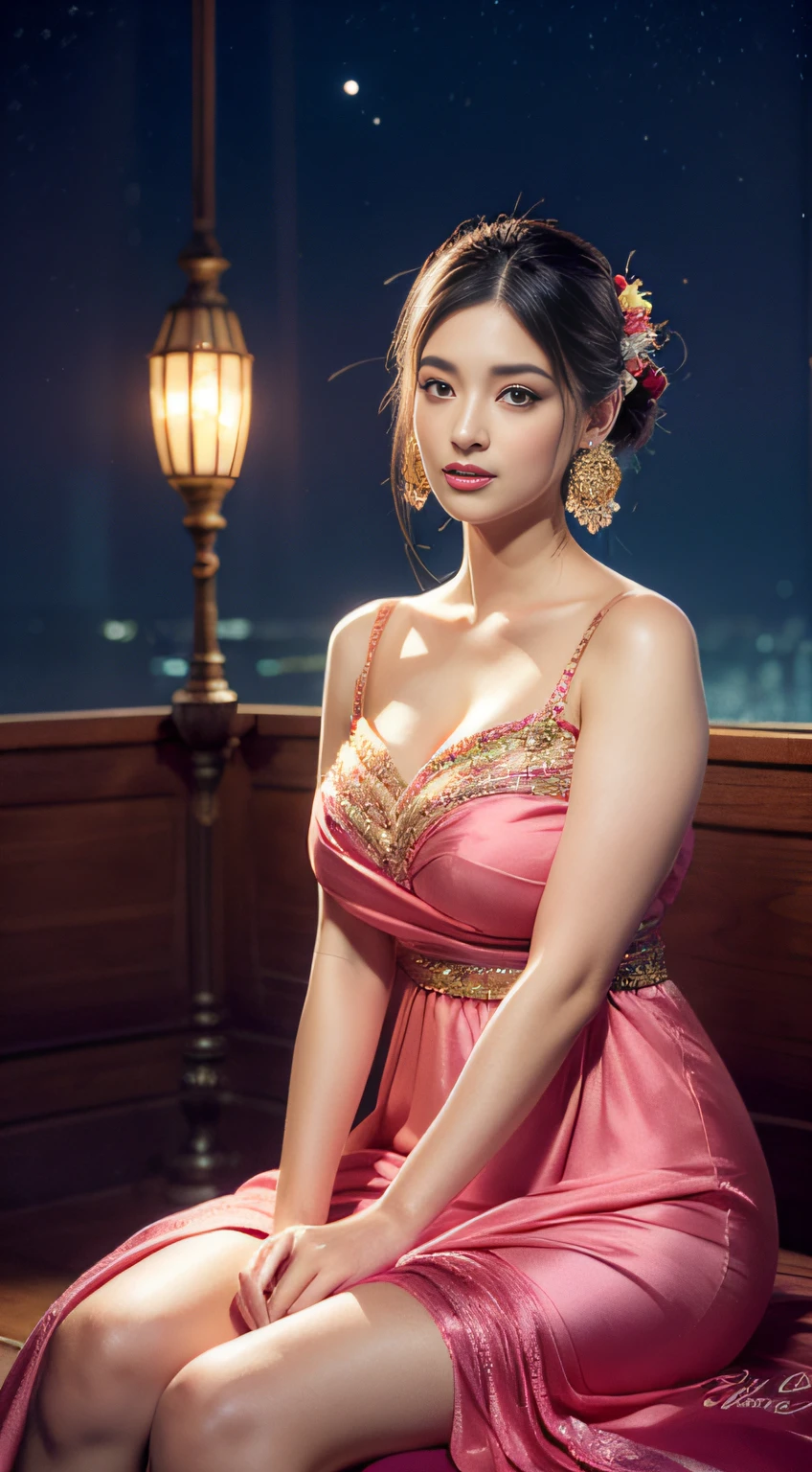 The art depicts a charming woman dressed in a flowing, silky traditional oriental dress, pink, decorated with intricate patterns and bright colors. Her dress drapes elegantly over her curvy figure, accentuating her seductive silhouette. She stood gracefully in the quiet moonlit night, bathed in the soft glow of the moonlight. The scene exudes an ethereal and dreamy atmosphere, with a touch of mystery and sexiness. The graphic style blends watercolor and digital illustration techniques to evoke a refined beauty and charm. The lights are filled with soft moonlight, casting soft highlights and shadows on her charming features. Bare thighs, big breasts, three-dimensional facial features, sitting, upturned legs
