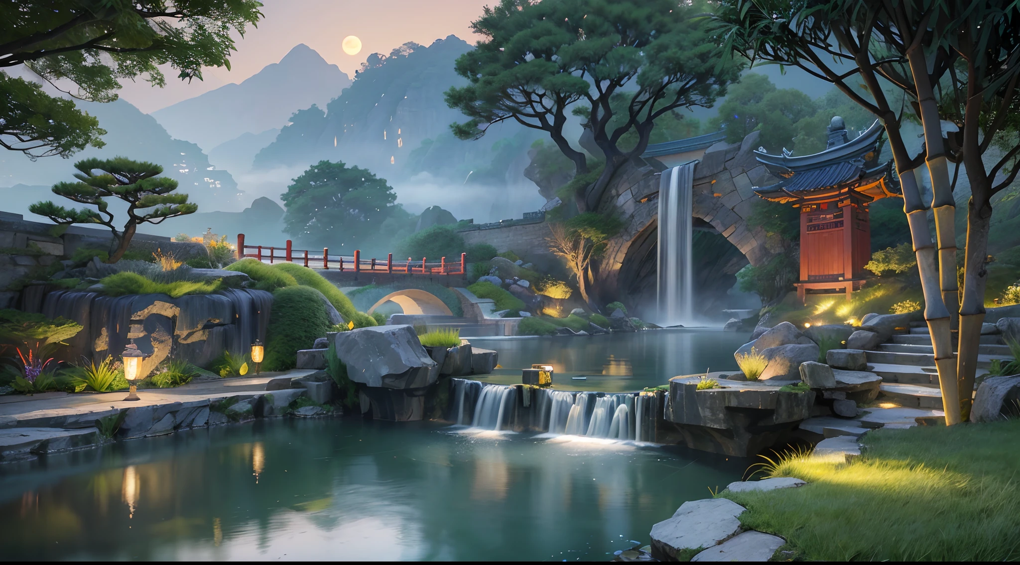 Ancient Chinese architecture, cool colors, dark night, moon, garden, bamboo, lake, stone bridge, rockery, arch, corner, tree, running water, landscape, outdoor, waterfall, grass, rock, dense fog, (Illustration: 1.0) , Epic Composition, HD Details, Masterpiece, Best Quality, (Very Detailed CG Unity 8k Wallpapers) --v 6