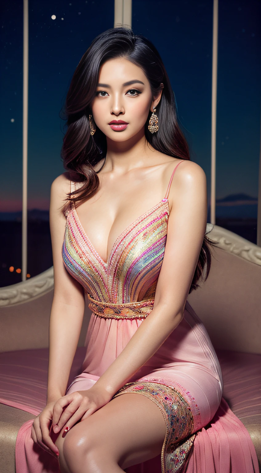 The art depicts a charming woman dressed in a flowing, silky traditional oriental dress, pink, decorated with intricate patterns and bright colors. Her dress drapes elegantly over her curvy figure, accentuating her seductive silhouette. She stood gracefully in the quiet moonlit night, bathed in the soft glow of the moonlight. The scene exudes an ethereal and dreamy atmosphere, with a touch of mystery and sexiness. The graphic style blends watercolor and digital illustration techniques to evoke a refined beauty and charm. The lights are filled with soft moonlight, casting soft highlights and shadows on her charming features. Bare thighs, big breasts, three-dimensional facial features, sitting, upturned legs