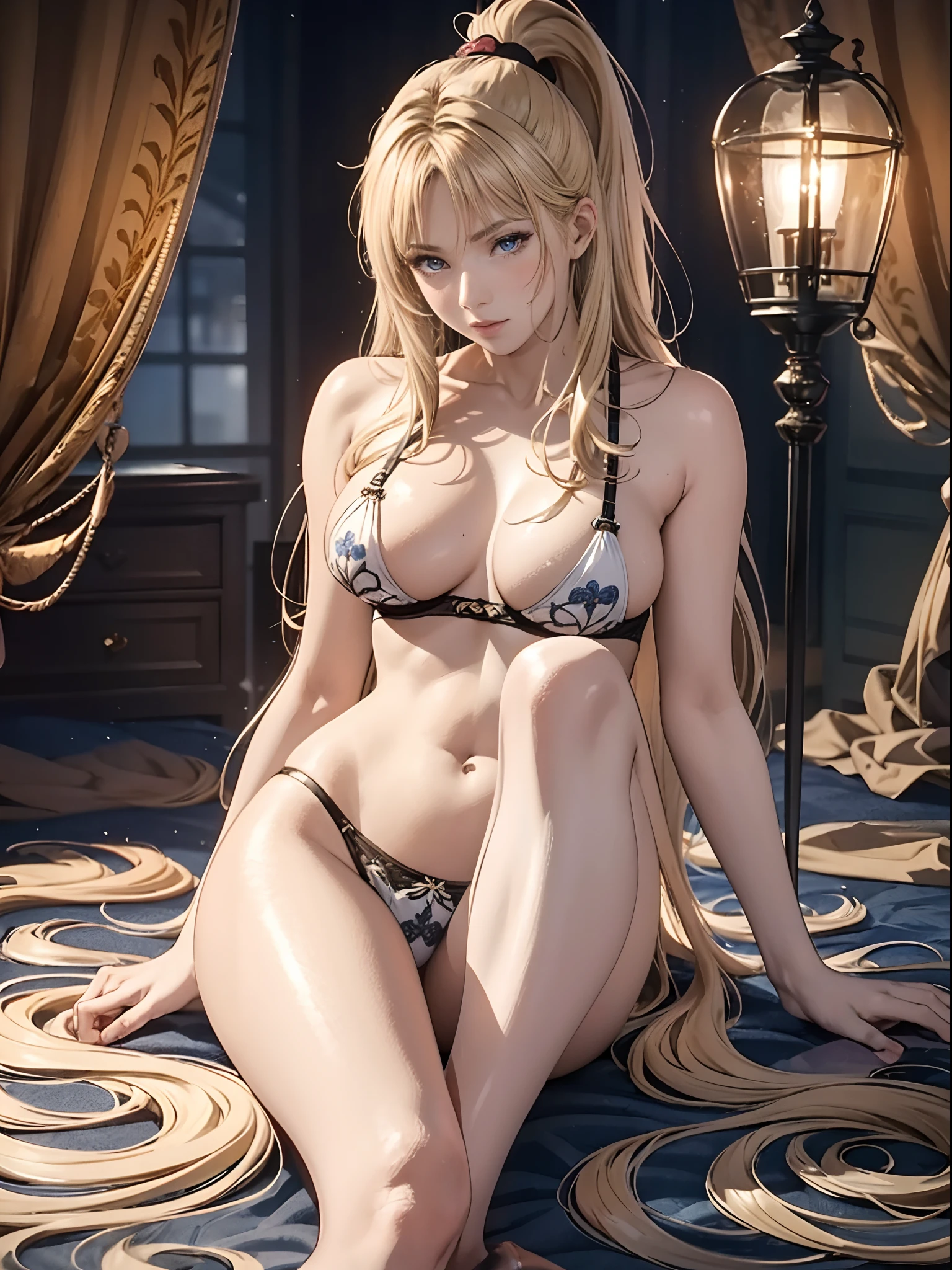 （Enrich the picture，Masterpiece level quality）Beautiful 8K CG artwork，Goddess-like posture，sittinng on the river，Postural exercises，Slim and soft，Translucent skin，Blonde hair、The beauty of extra-long hair, Super Long Straight Hair，The skin is fair and juicy，Big breasts underwear uniform，Perspective Part 1.2x enhanced silhouette effect，Exquisite transparent blues pattern in pajamas，The details are intricate and exquisite，The background is slightly blurred，Charming and lustful leg seduction，Drool，J cup big breasts，Blush，Japan goddess，Perfect body slim curves，Scene by the sea，