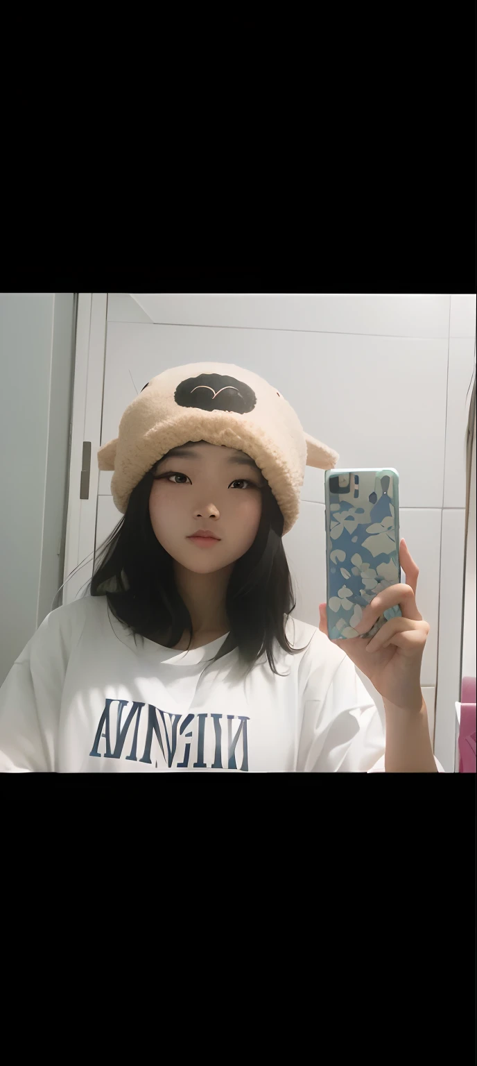 there is a woman that is taking a selfie in a mirror, wearing a cute hat, xintong chen, with long floppy rabbit ears, wenfei ye, wearing a strange hat, 19-year-old girl, Li Zixin, it's wearing a cute little hat, personal profile picture, Lin Qifeng, Ruan cute vtuber, wenjun lin，Anime style，The chest is slightly enlarged，Clear eyes