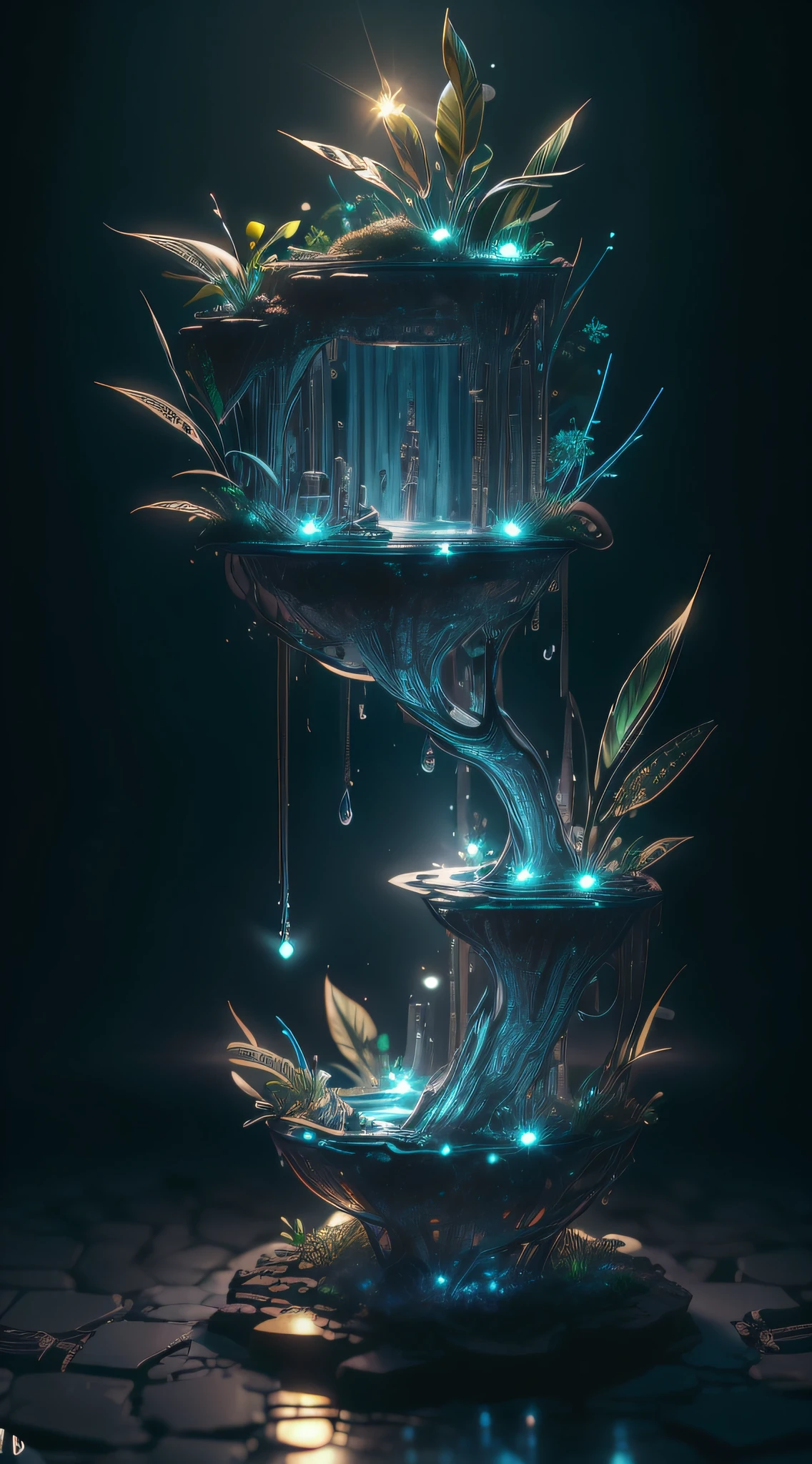 melhor qualidade, realista, fotorrealista, ultra detalhado, obra-prima da escultura de vidro com plantas dentro, water, brilho, fantasia, alta qualidade, alto detalhe, melhor qualidade, rtx, 4k, 8k, Ultra grande angular, highlight lighting, volumeric lighting, retroiluminação, (luz detalhada), fundo claro com luz ambar, ((um extremamente delicado e bonito)), dramatic_shadow, ray_tracing, hdr