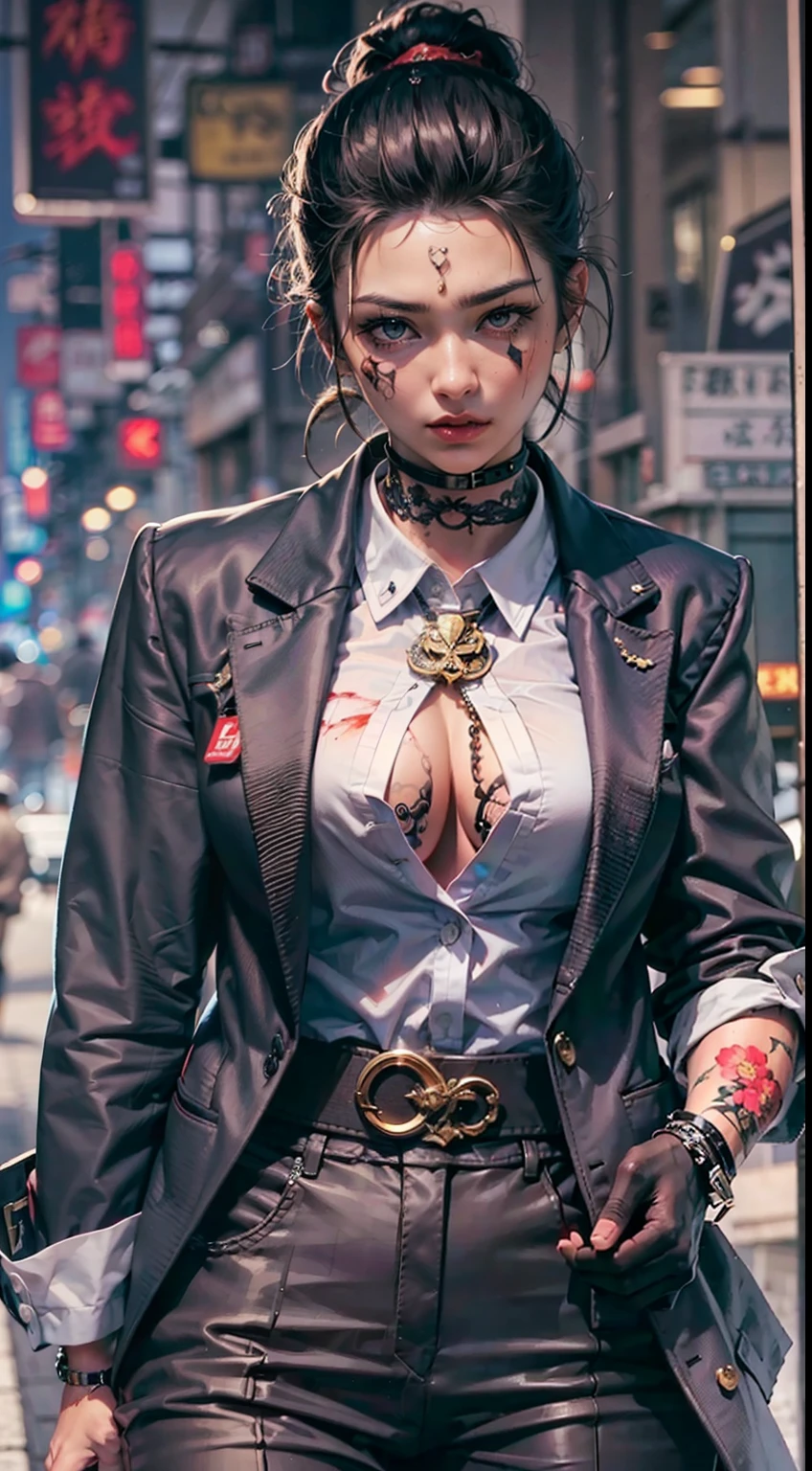 A gangster boss on the streets of Japan, A group of gang members stood behind,angry look,Mixed Korean,The background is blurred out,focal,电影灯光,(((tmasterpiece))), ((best qualtiy)), ((Complex and detailed)), ((ultra-realistic realism)), Ridiculous resolution, A MILF, Mature woman, ssee-through, highly detailed, illustratio, 1girll, (huge tit), Thin waist and thick hips,long leges,beatiful detailed eyes, short detailed hair, brunette color hair, a purple eye, (Gangster suit:1.2),Tattooed with,Large flower arms,Full of tattoos,Japanese yakuza,Kamami Yamaguchi,Japanese Yamaguchi-gumi,Japanese yakuza woman,The Underworld,full tattoo,Gangster boss,Lunette de soleil,Gangster godfather,and there is blood on the corners of your mouth,Gang boss,There are scars on the face,bandage on hands,Bloody ????????,Sexy and feminine,(No underwear),pantiess, detailed back ground, perfect eyes, Seductive eye, (nice hand),Detail hands,looking at viewert,From the front,Wear light,(Bloody gangsters),Suit thugs,