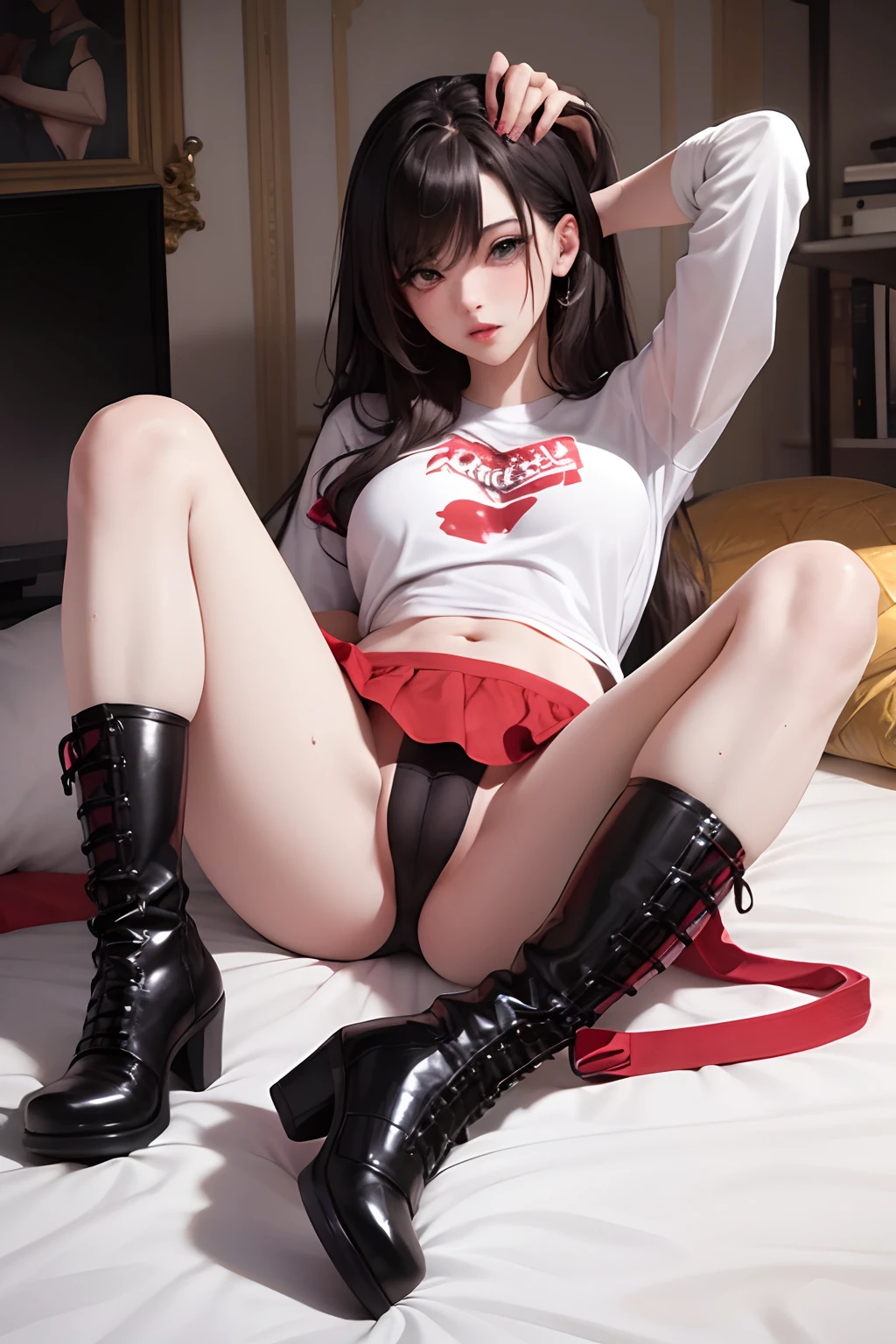 sexy girl gamer teasing with her sexy feet, sweaty, pale skin, ahegao, cosplay clothes, nsfw art, cameltoe, sexy sole, one ankle boot is on, thin long fit legs