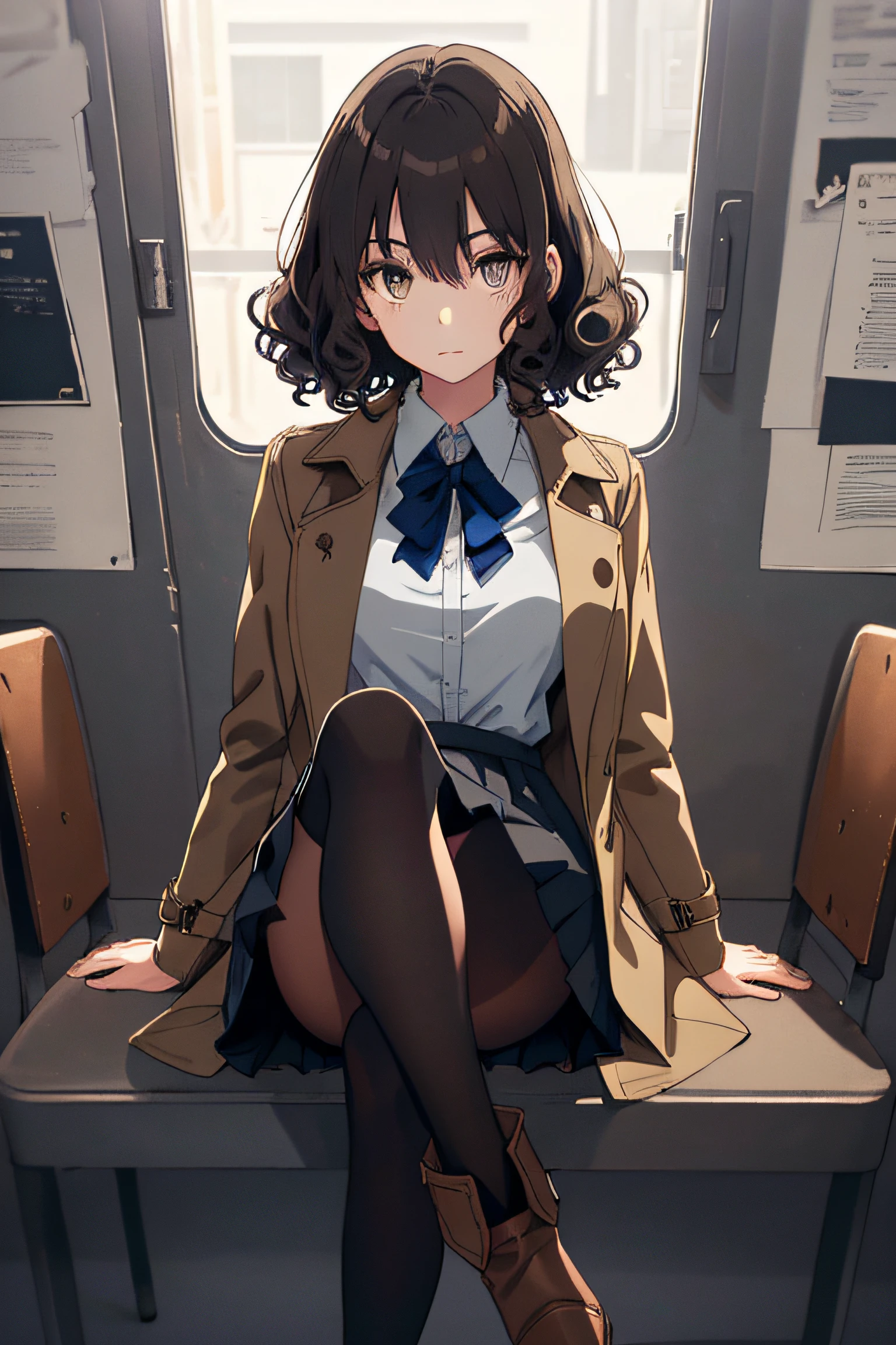 Perfect anime illustration, 1girll, Dark gray hair, Curly hair, matching hairstyle, browneyes, inquisitive，curiosity，Pleasure, ((matching outfits, Light brown transparent student uniform shirt，Uniform skirt，Dark brown detective style coat，Leather booties)), matching hairstyle, Fantastic style base，A dragon hovered behind the girl，cross legs，（The position of one leg folded over the other），Lady，Dark blue pantyhose, A high resolution, full bodyesbian, Pose