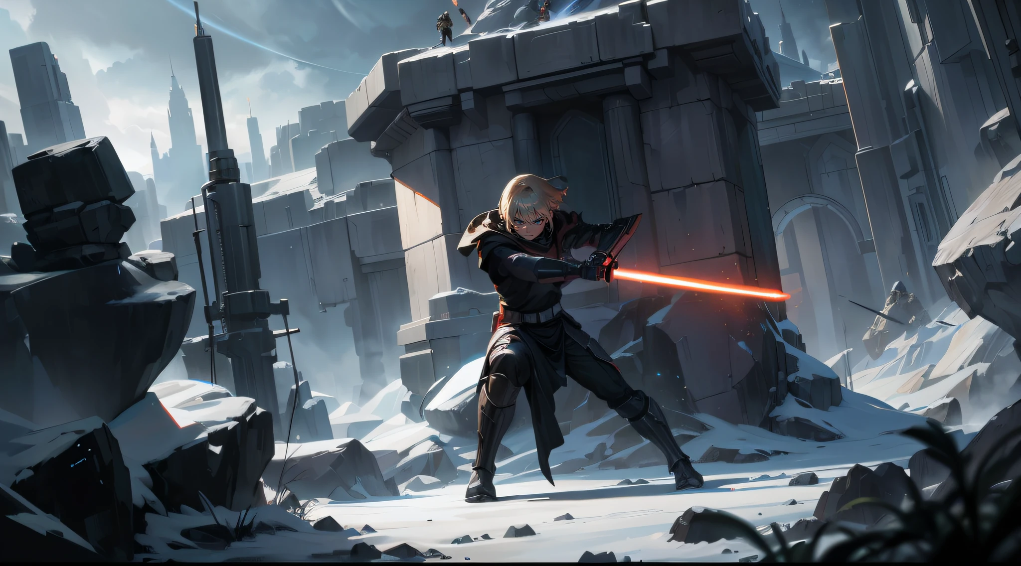 A Jedi Knight is fighting a Sith Lord with his lightsaber on an alien planet, ACTION SCENE, movie scene, panoramic view, light particles around, ultra definition, very high resolution, 8k, volumetric light, dynamic composition, details intricate, masterpiece