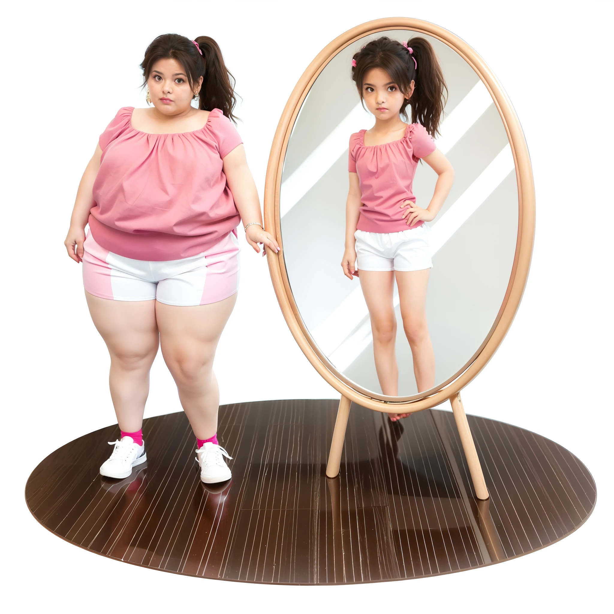 There's a woman in front of a mirror in a pink shirt, em frente a um espelho, com um espelho, mulher gorda, Um retrato de uma mulher rechonchuda, mulher plus size, figura gorda, Olhar no espelho, imagem de corpo inteiro, Olhar no espelho, Leve excesso de peso, Olhando no espelho, um excesso de peso, anorexic figure, isometric face, mesma pessoa no espelho, mesmo rosto, uma pessoa