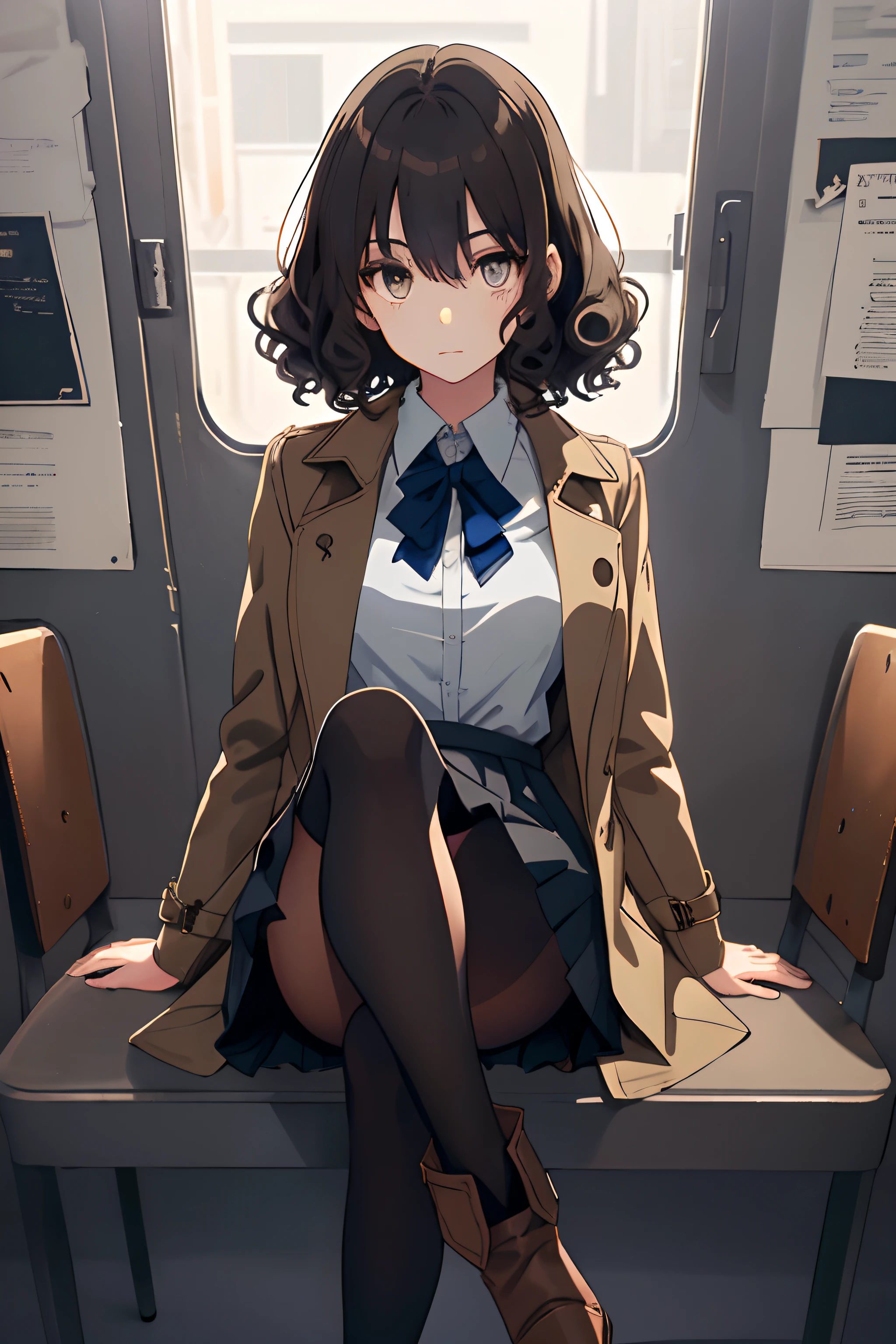 Perfect anime illustration, 1girll, Dark gray hair, Curly hair, matching hairstyle, browneyes, inquisitive,curiosity,Pleasure, ((matching outfits, Light brown transparent student uniform shirt,Uniform skirt,Dark brown detective style coat,Leather booties)), matching hairstyle, Fantastic style base,A dragon hovered behind the girl,cross legs,(The position of one leg folded over the other),Lady,Dark blue pantyhose, A high resolution, full bodyesbian, Pose