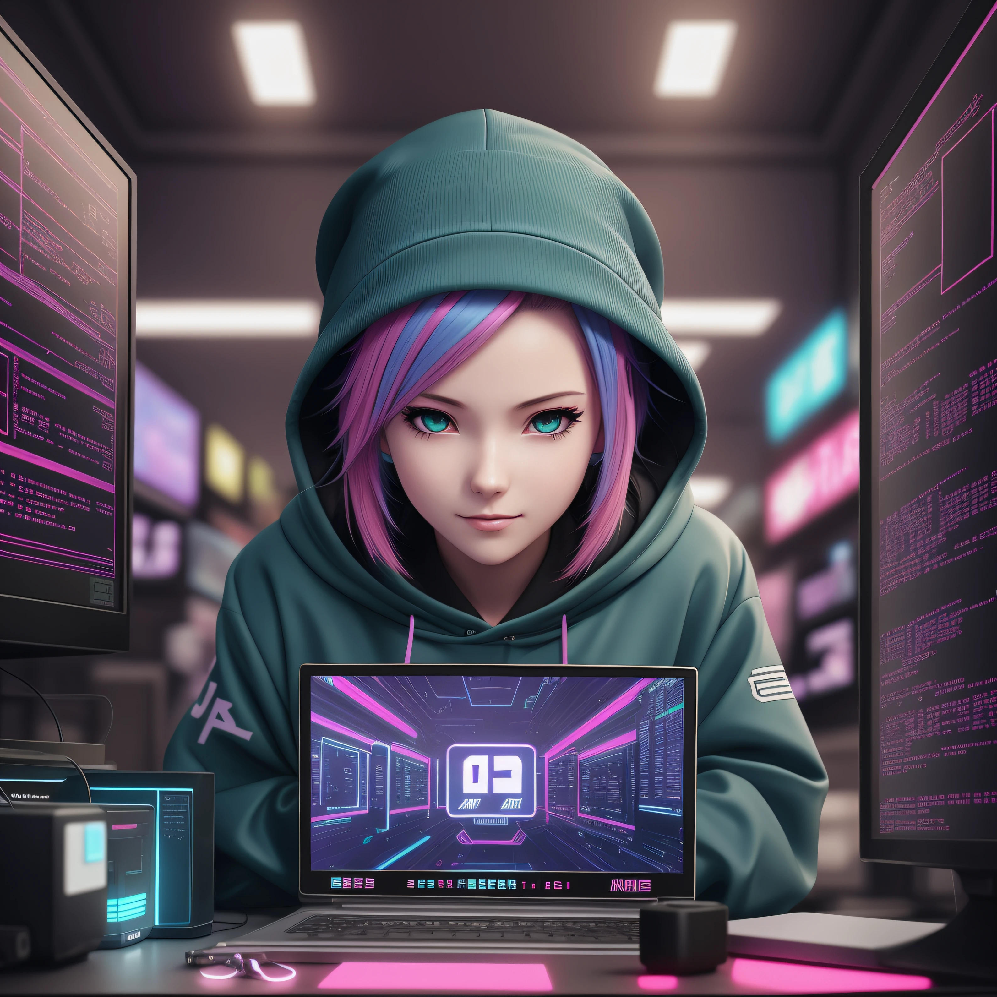 there is a woman with pink and blue hair sitting at a table with a computer, cyber school girl, digital cyberpunk anime art, cyberpunk anime girl in hoodie, cyber style, crazy hacker girl, digital cyberpunk - anime art, e-girl, e - girl, cyberpunk proggraming,