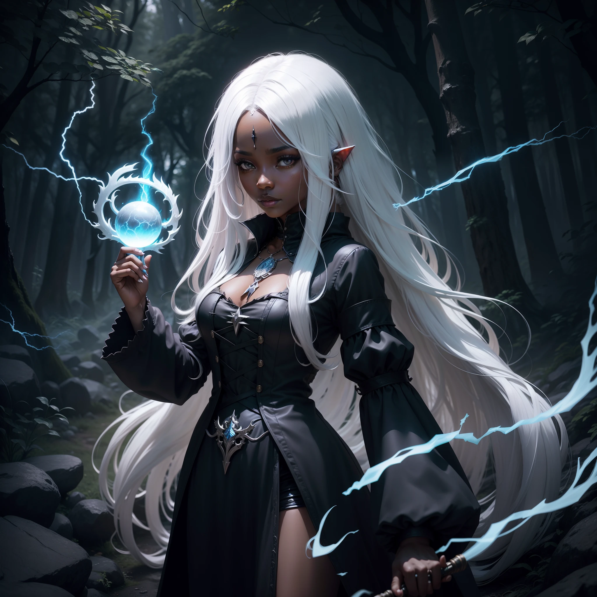 Sorcerer girl. Black skin. White hair. Long hair. Staff of magic. Conjuring an electric bolt. Landscape forest. Gothic.