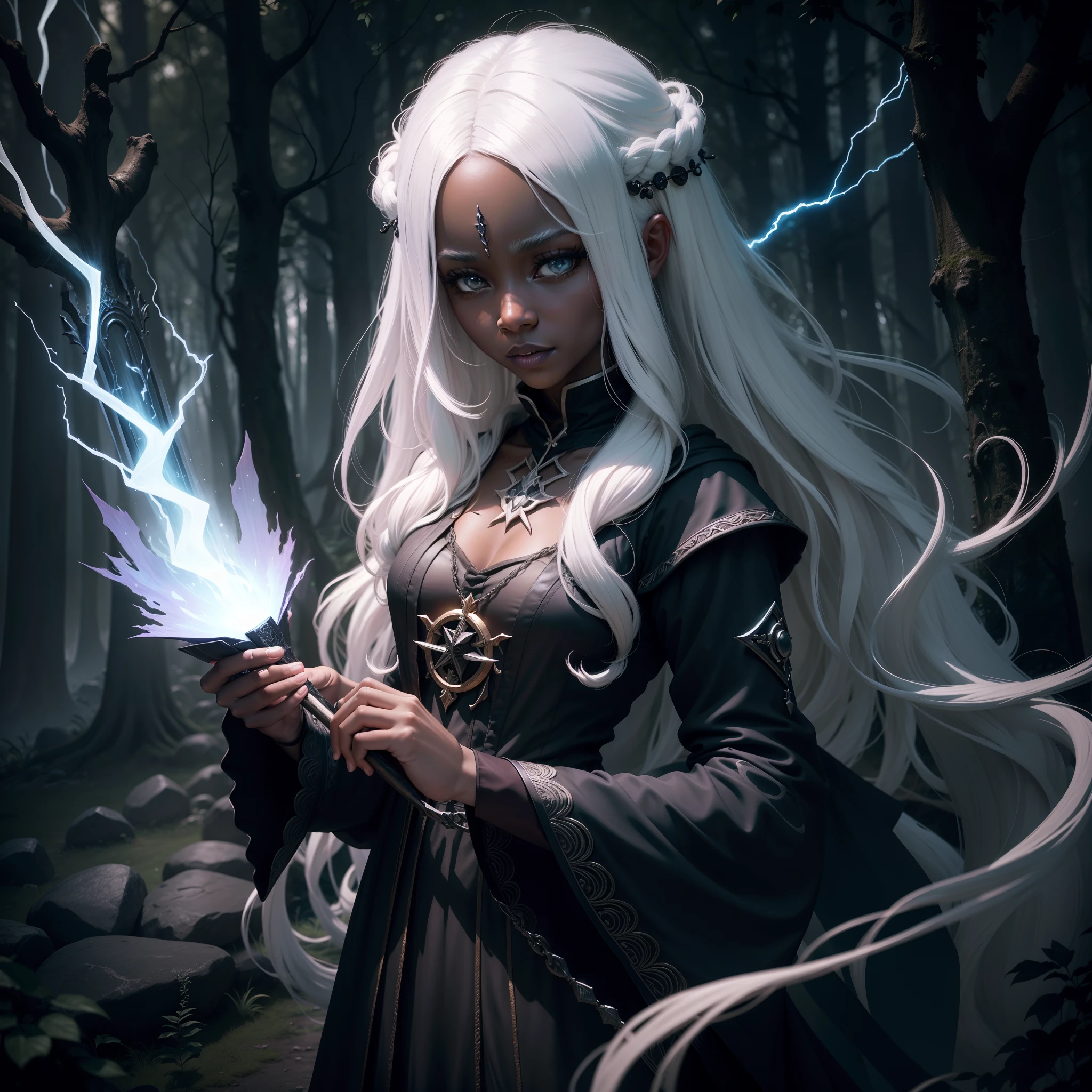 Sorcerer girl. Black skin. White hair. Long hair. Staff of magic. Conjuring an electric bolt. Landscape forest. Gothic.