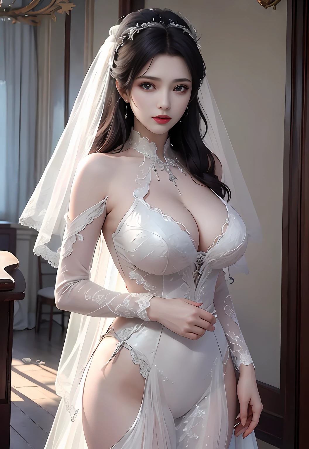 huge tit，Sheer tulle sheer wedding dress。