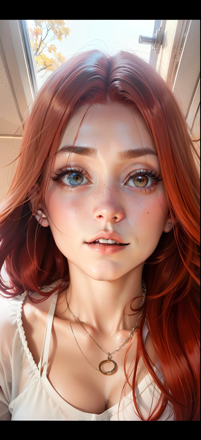 1 Irish woman, extremely beautiful and very legitimate redhead. Extremely slender, with freckles, big bright blue eyes, wearing green sweater falling down showing shoulders, symmetrical body, sensualizing, pouting with orgasmic expression, highly arousing, high quality 32k, UHD, hyper-realistic, cinematic, dynamic close-up above.