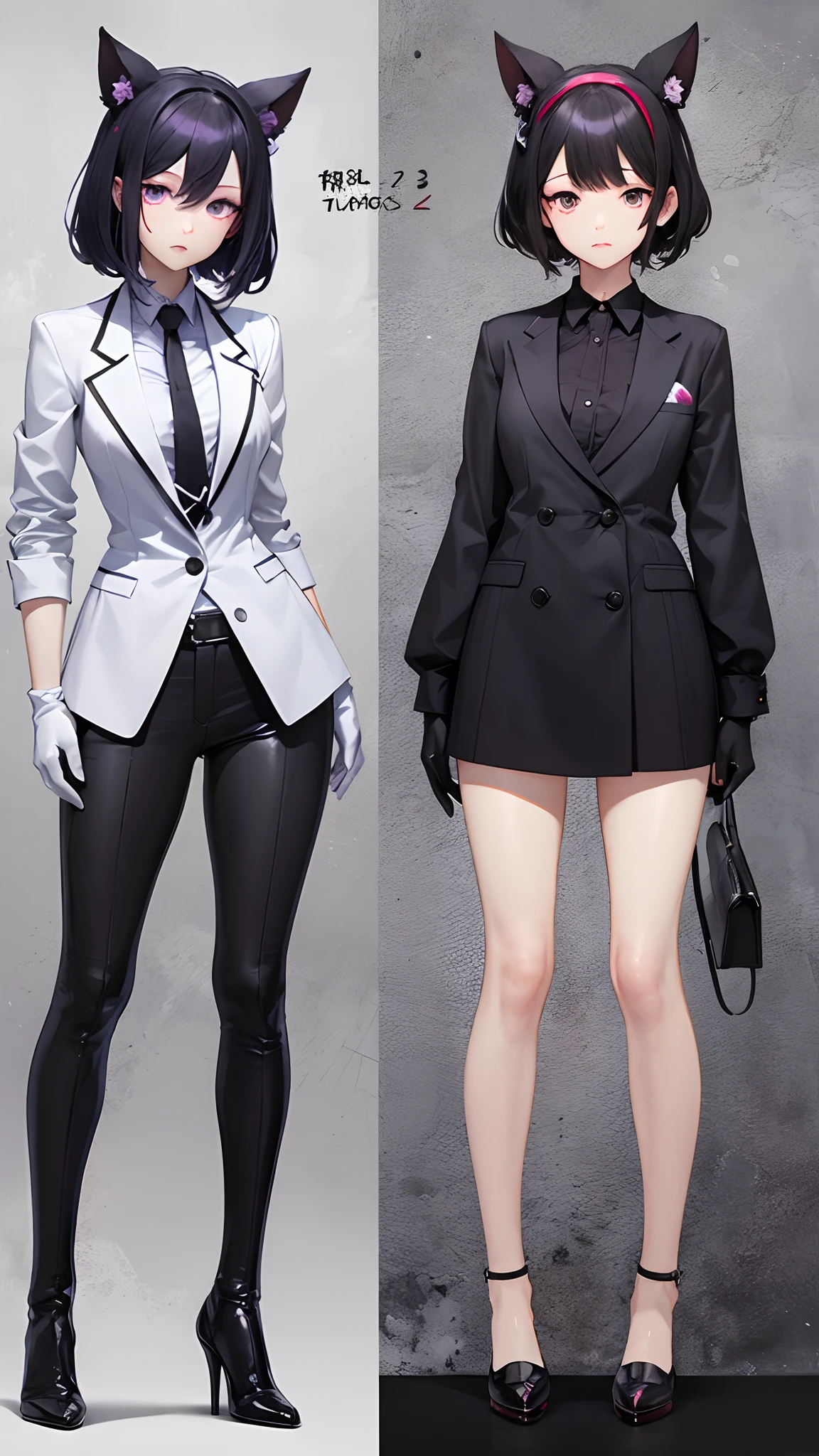 ::3Anime style,::3manga style,::2female character,::2black hair,::3purple eyes,::2white skin,::2wearing white gloves,::2wearing black suit,::3wearing black pants,::3wearing red high heels,  head, 3D,::3face deformity, eye deformity,::3mouth deformity,::3face anomalies,::4hand anomalies, arm anomalies,::3leg anomalies, duplicate hands, duplicate fingers, duplicate arms, duplicate legs,hand bugs, head bugs, eye bugs, leg bugs, duplicate --auto --s2