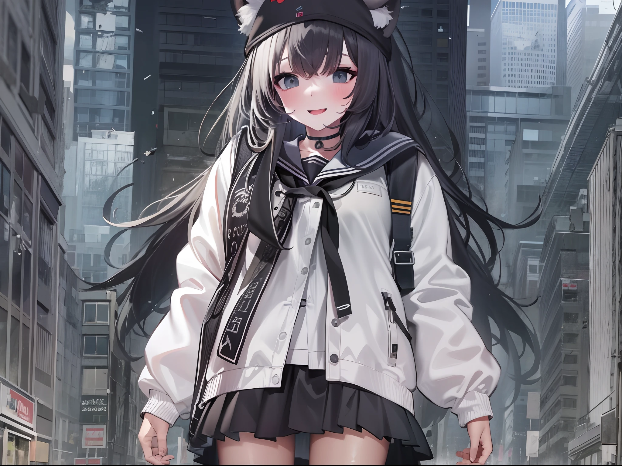 1girll, Two legs, Two hands, Bigger than the building, White jacket, Animal hood, White socks, Sneakers, Open jacket, Pleated skirt, Black skirt, Black sailor collar, Black choker, school uniform, Black shirt, puffy long sleeves, standing, Smile, Naughty, Anatomically correct, Textured skin, GTSCity, Destroyed buildings, City model,