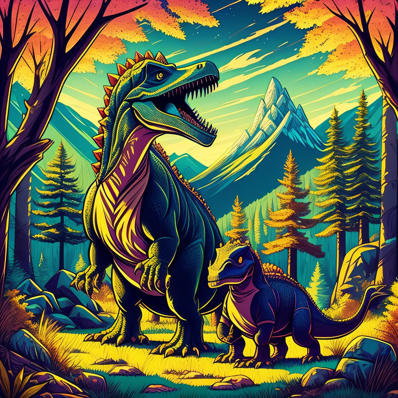 Two dinosaurs in the forest, with mountains and trees, stones, grass and sun, warm colors