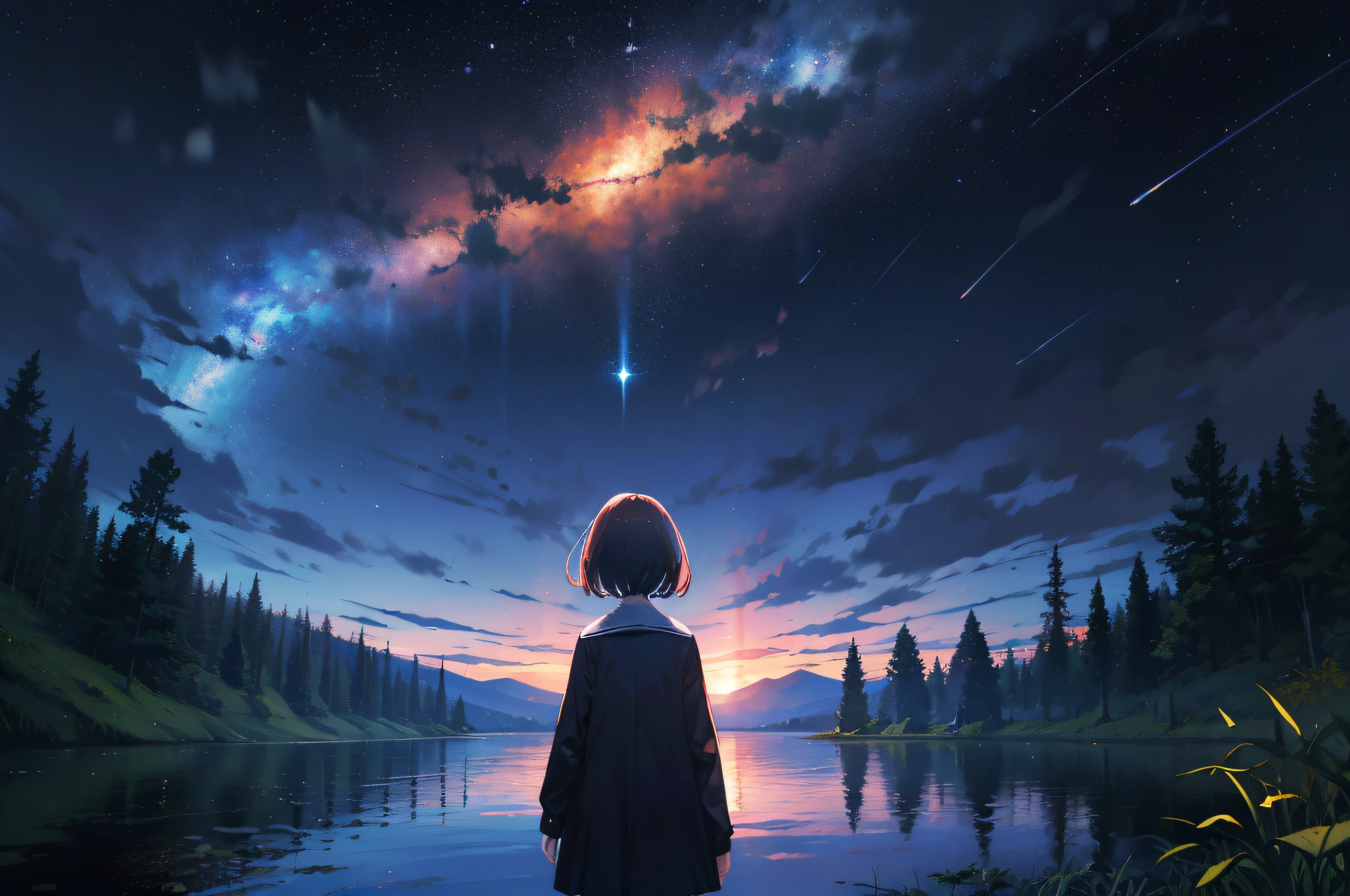 8K, Super detail, ccurate, Best quality, Masterpiece, Super detail, High details, High quality, Best quality, A high resolution,The composition of the characters is small,1girll,facing away from the audience,Girl gazing at stars by lake,ln the forest,inverted image,meteor shower