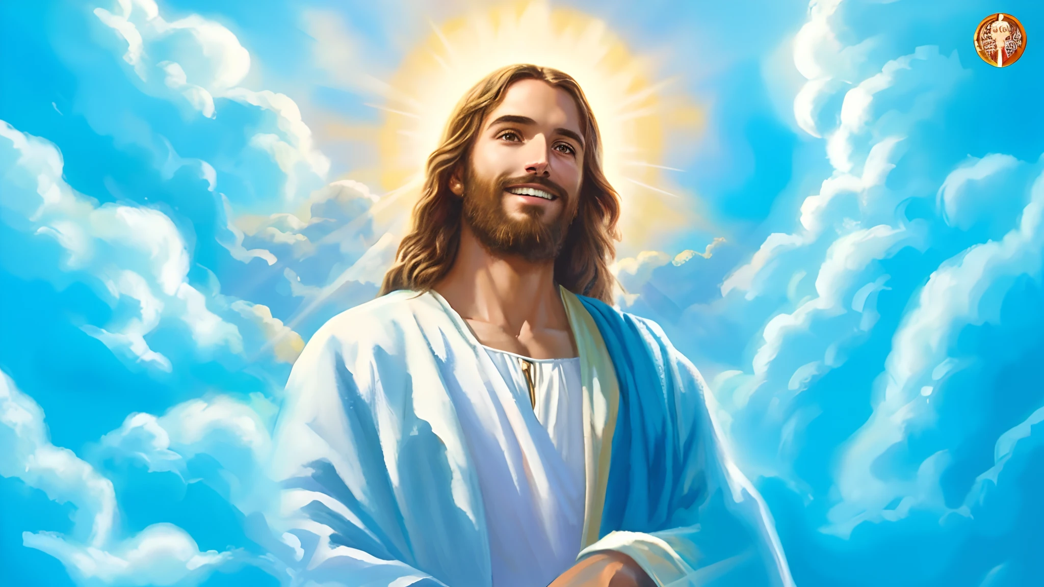 A painting of Jesus with a halo in the sky, Jesus Cristo, Smiling in the sky, Retrato de Jesus Cristo, Rosto de Jesus, Jovem Deus Todo-Poderoso, Retrato de um Deus Celestial, Greg Olsen, Jesus Gigachade, jesus of nazareth, Jesus, O rosto de Deus, Deus olhando para mim, He's greeting you warmly, he is happy, imagem de avatar. fundo chuva de dinheiro