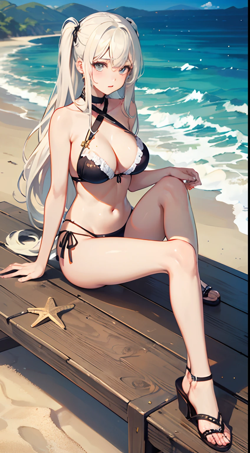 ((Best Quality)), (Ultra-detailed), ((Extremely detailed)), (Beautiful), ((Kawaii Girl)),(two side up hair).,Platinum Blonde Hair,Long hair, hair between eye, Wavy Hair, Long sideburns,Jade-colored eyes, White skin,Normal Chest,Slender body,Cross Halter Bikini,Sandals,Sitting,in beach,Look Camera