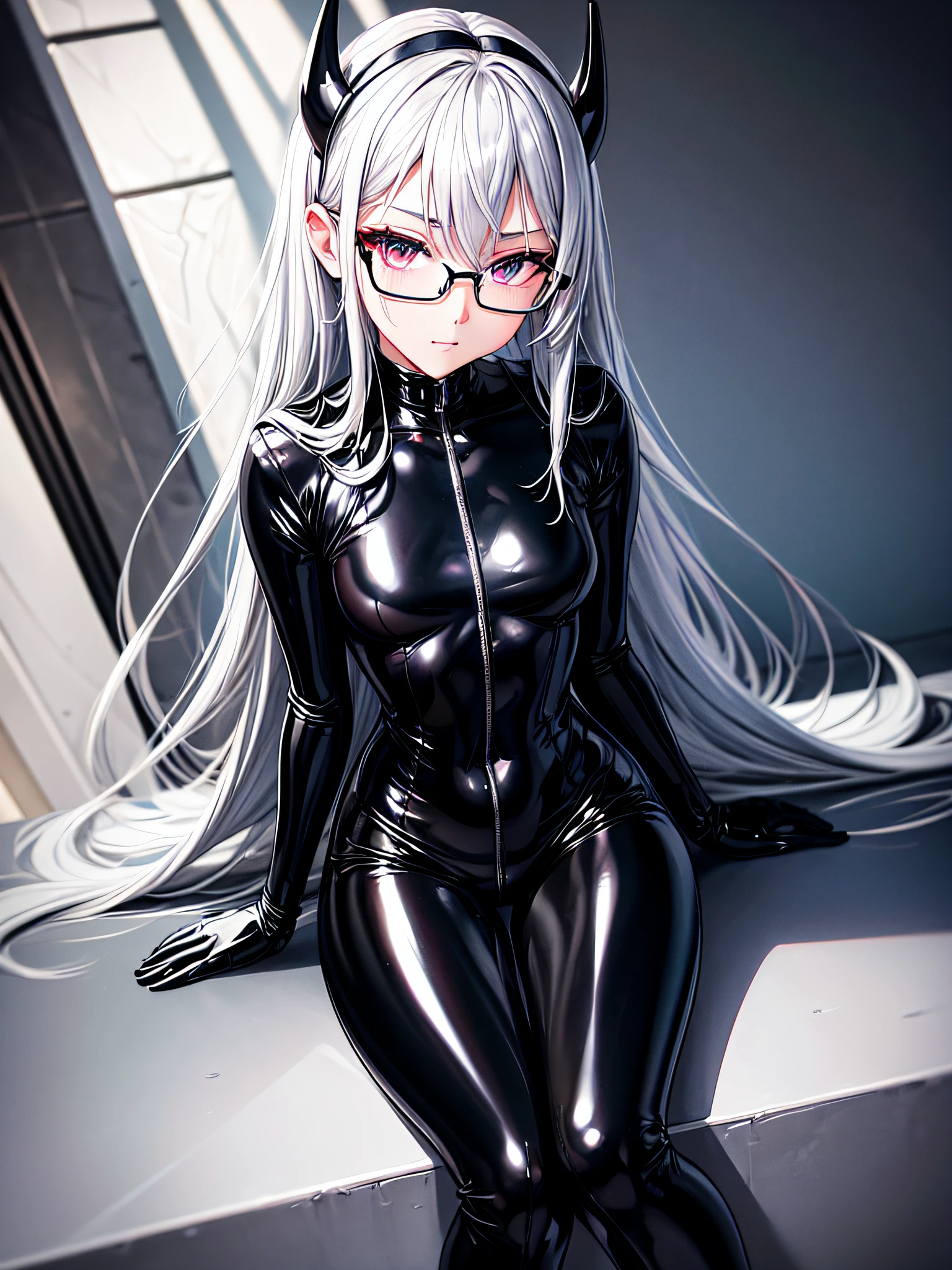 5 8K UHD、A beautiful woman with shiny black rider suit silver hair and a small nose with shiny black rider suit hidden by the tips of black shiny fingers wearing glasses is looking down while opening her crotch wide and thrusting her hips forward.、Late night city、Shiny black latex slider suit with hidden skin、Shiny black latex slider suit、A beautiful woman with a small nose is peeking out、Beautiful-nosed woman with open legs with no expression and upward eyes、Beauty with a small nose standing with her crotch open、NSFW