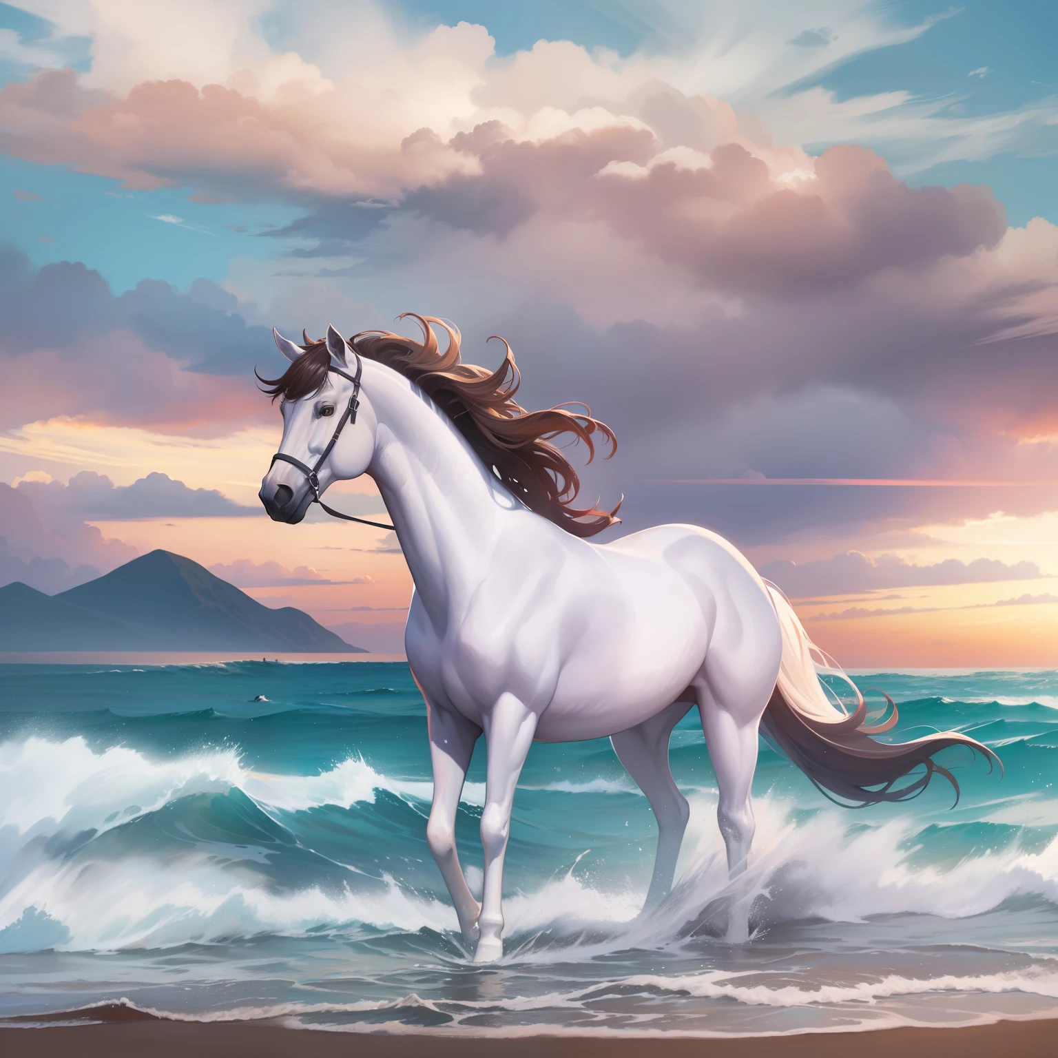 Charming White Mustang with brown pony, beach, blue ocean waves, cinematic scenery, sunrise, cloudy, beautiful sky, digital painting