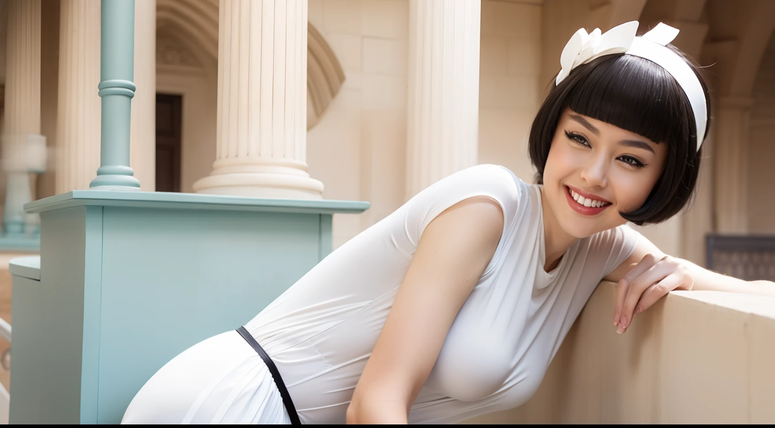 masterpiece photo, ((retro vintage)), photography, ((1940s vibe)), year 1930, 40 years old Bettie page,sweaty and soaked, incredible blue eyes, incredible beauty , detailed face, detailed gloves, (( she have on her sshoulders a white long wool cloth cloack )) vintage white sleeveless dress, white long maxi-skirt(white long maxi-skirt:1.2 )) long opera white gloves, ((white high knee stiletto boots )), long sleeves, wavy hair, hd, color image, short hair, winter, brunette, smile, in front of a luxury hotel room during a incredible snow , standing with a small umbrella