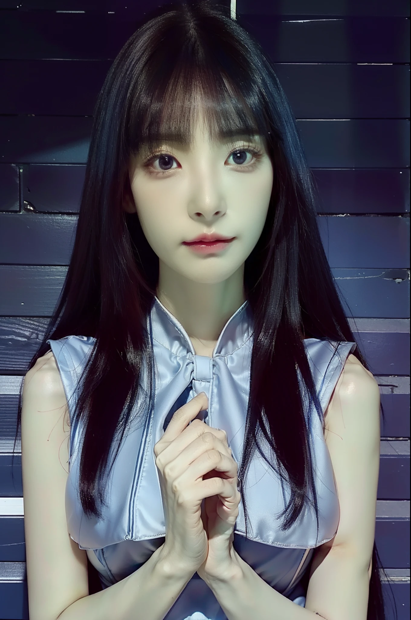 (8K), (High Quality), (Ultra realistic), (High Details), (Face detail), (Shadow Detail), ((huge breasts: 1.9)), 1 japanese girl, dark blue hair, long hair, slender abs, grey dress, ((white eyes)), ((sadness)), Hinata Hyuga, ((20 years old))