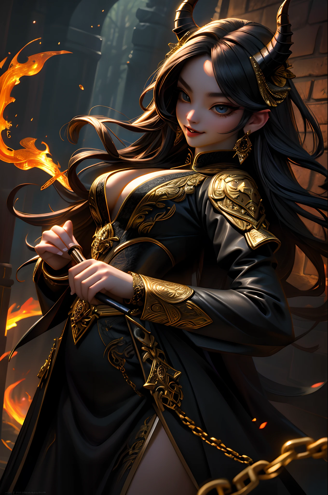 (Best quality, Masterpiece:1.2), 超高分辨率, Front lighting, intricately details, Exquisite details and textures, (Beautiful detailed eyes), (Beautifully detailed face), (Detailed skin:1), absurderes, Cinematic lighting, Dynamic Angle, Dynamic pose, Soft shadows,
A succubus in a straitjacket, Horns, poison fangs, Seductive pose,
Chains, whips, Fire,
Hell scenery,