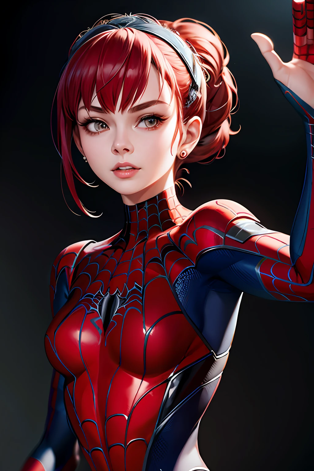 highest quality,game CG,1 girl, masterpiece, highest quality, 8K, detailed skin texture, fine cloth texture, beautiful and detailed face, intricate details, super detailed, Audrey Hepburn, Spider-Man uniforms, straight red hair, (Half body:1.2)