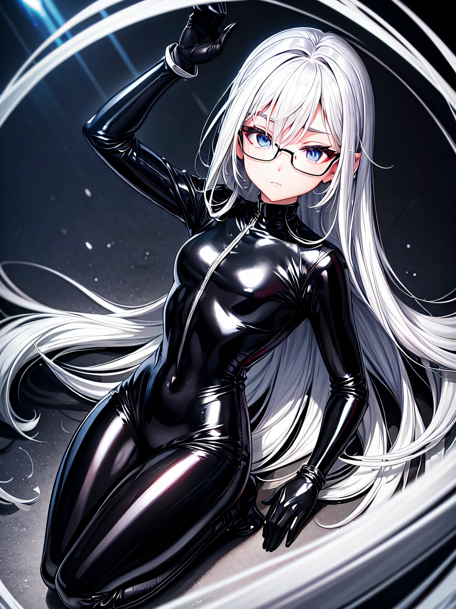 5 8K UHD、Beauty with small nose with silver hair in black shiny black full body rider suit wearing glasses sits with wide crotch open、Wearing a shiny black latex slider suit with hidden skin、Expressionless and upward-eyed beauty with a small nose