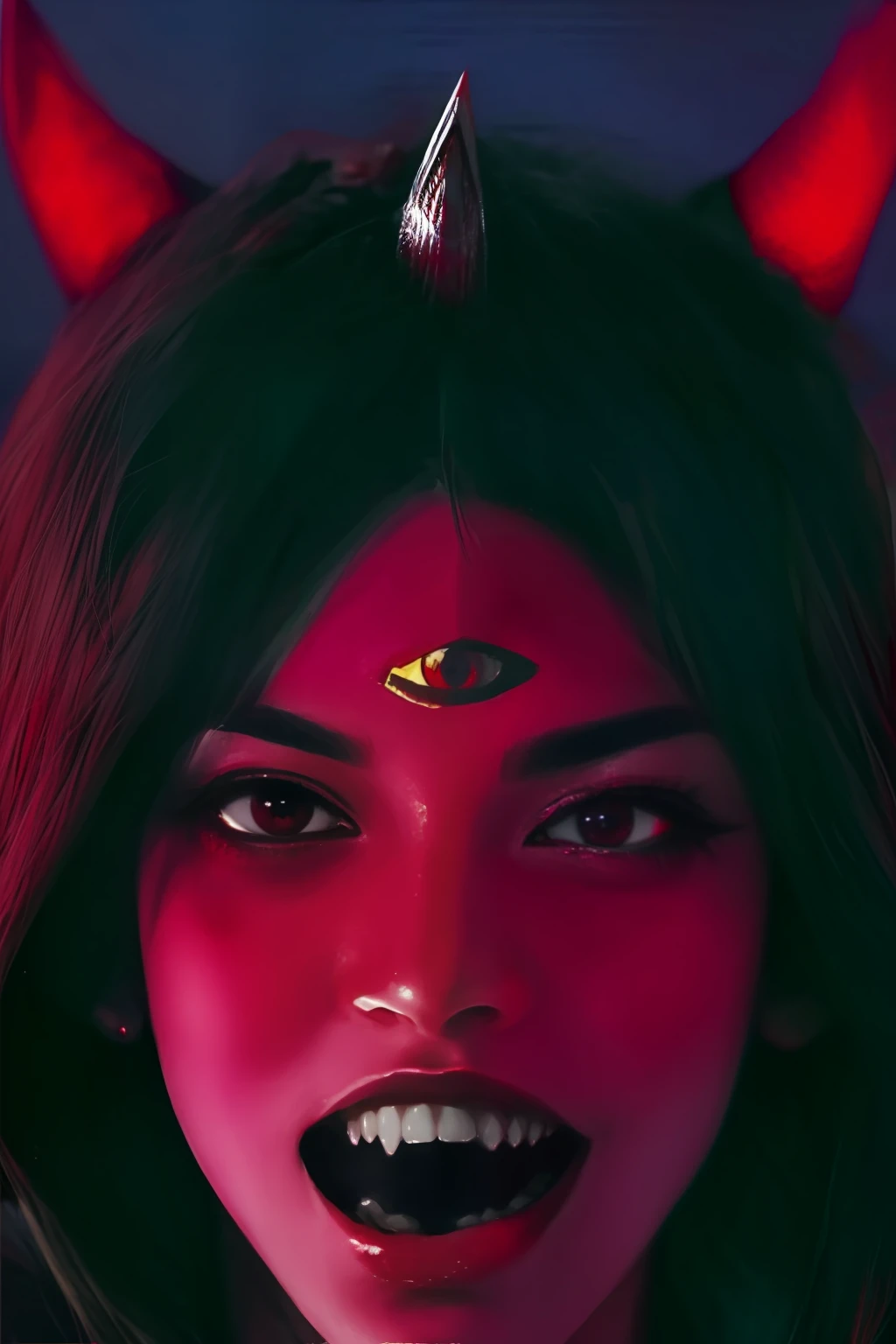 demonic third eye， tmasterpiece， Best quality at best， 1girll， 独奏， colored sclera， red eyes，terroral，Sharp teeth，with her mouth open