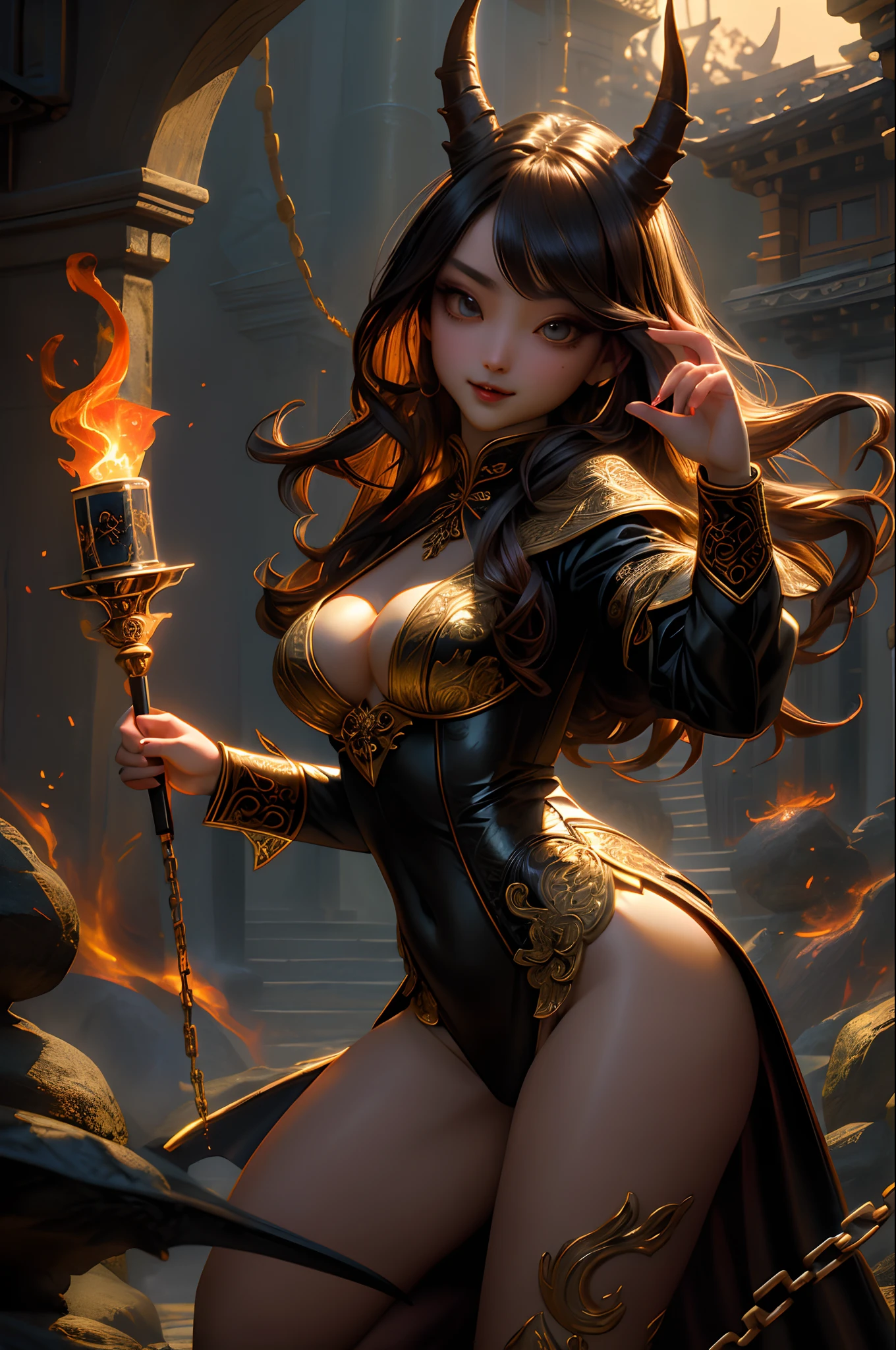 (Best quality, Masterpiece:1.2), 超高分辨率, Front lighting, intricately details, Exquisite details and textures, (Beautiful detailed eyes), (Beautifully detailed face), (Detailed skin:1), absurderes, Cinematic lighting, Dynamic Angle, Dynamic pose, Soft shadows,
A succubus in a straitjacket, Horns, poison fangs, Seductive pose,
Chains, whips, Fire,
Hell scenery,