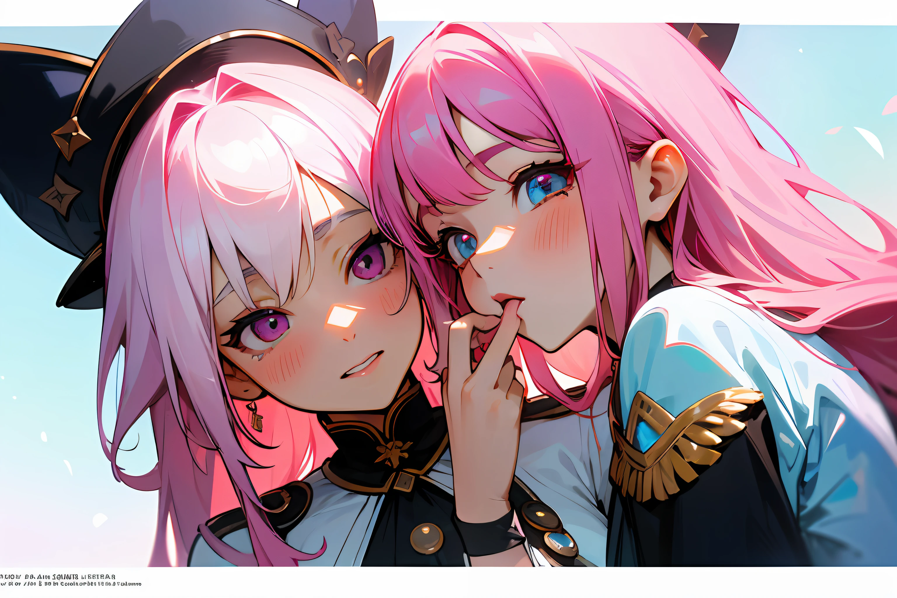 A high resolution,ultra - detailed,offcial art,Beauty and aesthetics,tmasterpiece,best qualtiy,The is very detailed,Variegated,Most details、Shining eyes、Detailed eyes、face perfect、mistic、National uniform、Two girls licking the same ice cream together、A girl with pink hair and a girl with white hair、Red blush