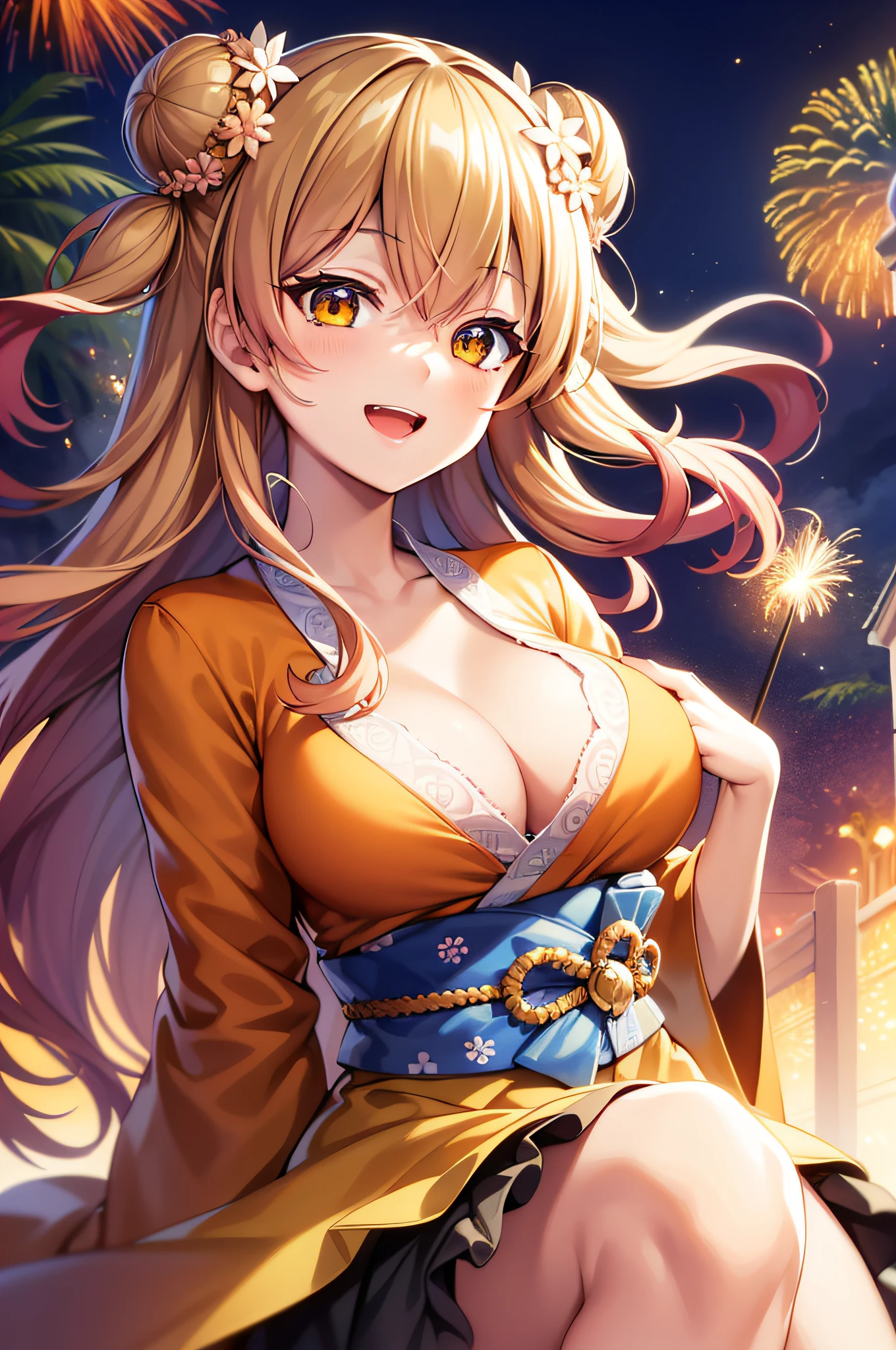 illustration, masterpiece, best quality, anime, highly detailed face, highly detailed eyes, highly detailed background, perfect lighting, 1girl, solo, double bun,orange eyes, two side up, smile,open mouth,kimono,firework,long hair