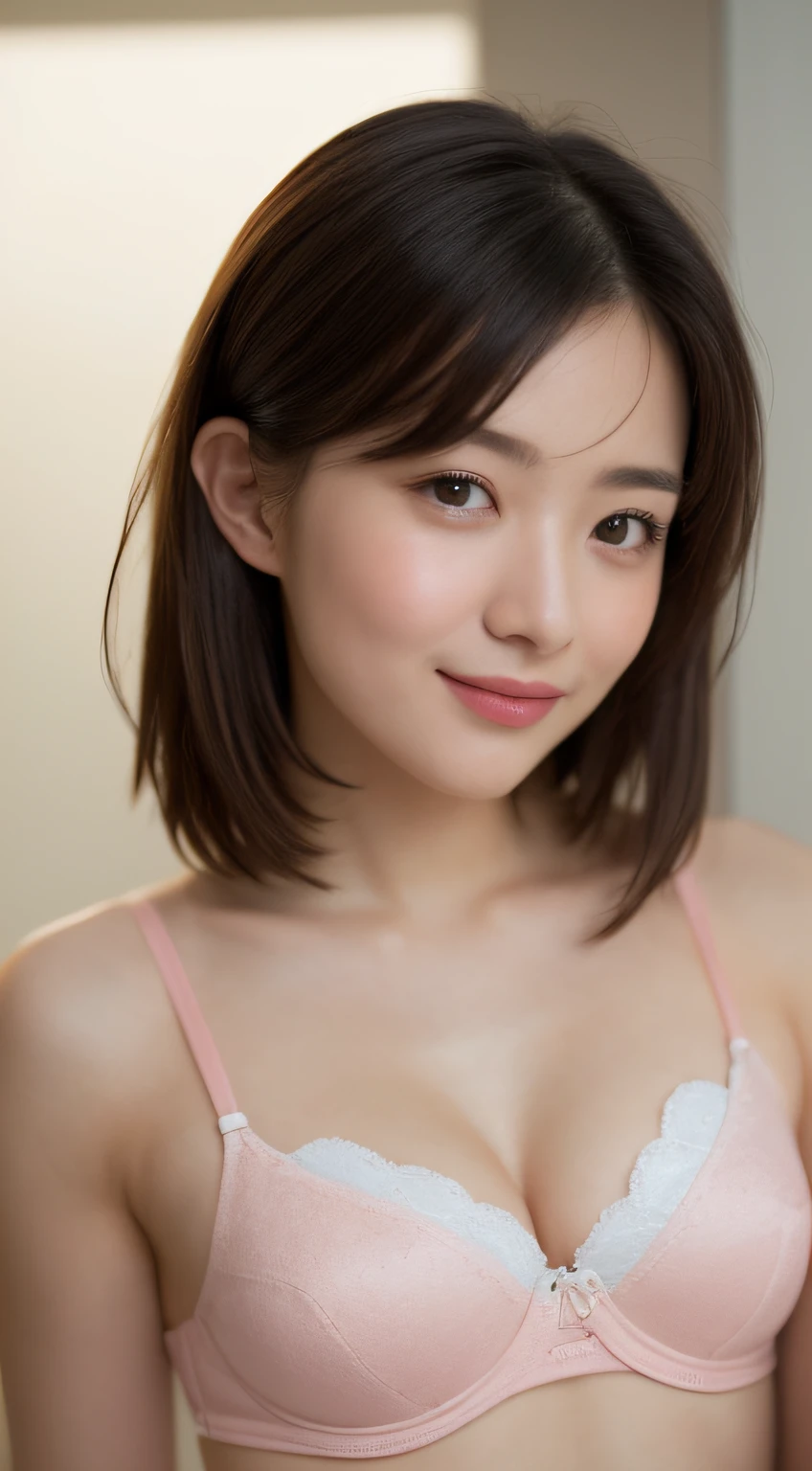 ((Best picture quality, 8K, tmasterpiece:1.3)), 1girll, Beautiful woman with slender abs:1.3, (Casual hairstyle, :1.2), Pink low-cut bra,Super large,The skin is very white,Ultra-fine face, A detailed eye, 二重まぶた,ssmile。Take pictures in cute poses,The figure is very bad,tiny small waist,Super big breasts,Close-up,Close-up chest,White-skinned,The background is casual,Close-up Shot Shot